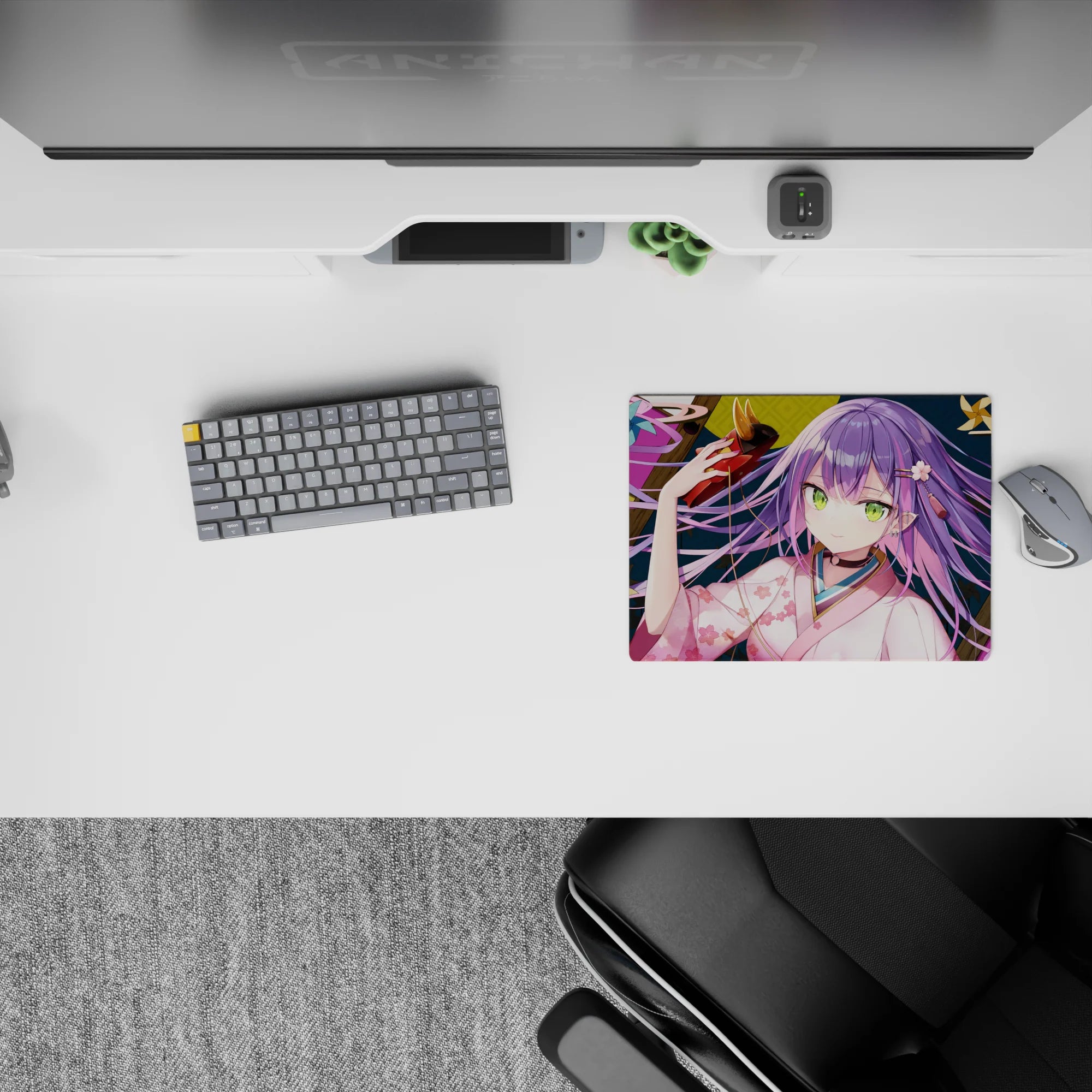 Cozy mischievous 14x10 inches anime mouse pad in teal, gold, and pink with bright green-eyed vibe.