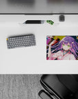 Cozy mischievous 14x10 inches anime mouse pad in teal, gold, and pink with bright green-eyed vibe.