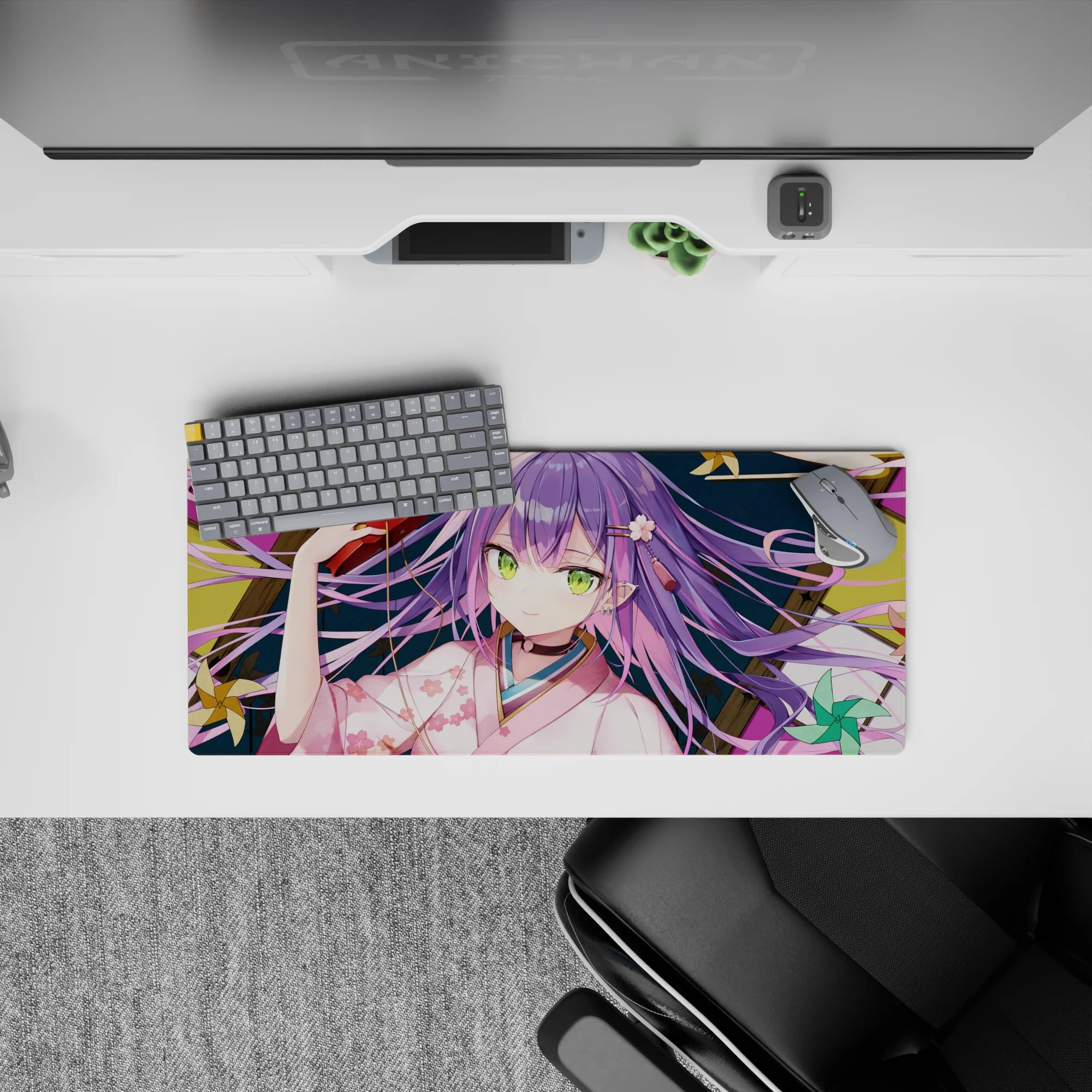28x12 inches kawaii desk mat in teal, gold, and pink with cozy mischievous festival-night vibe.