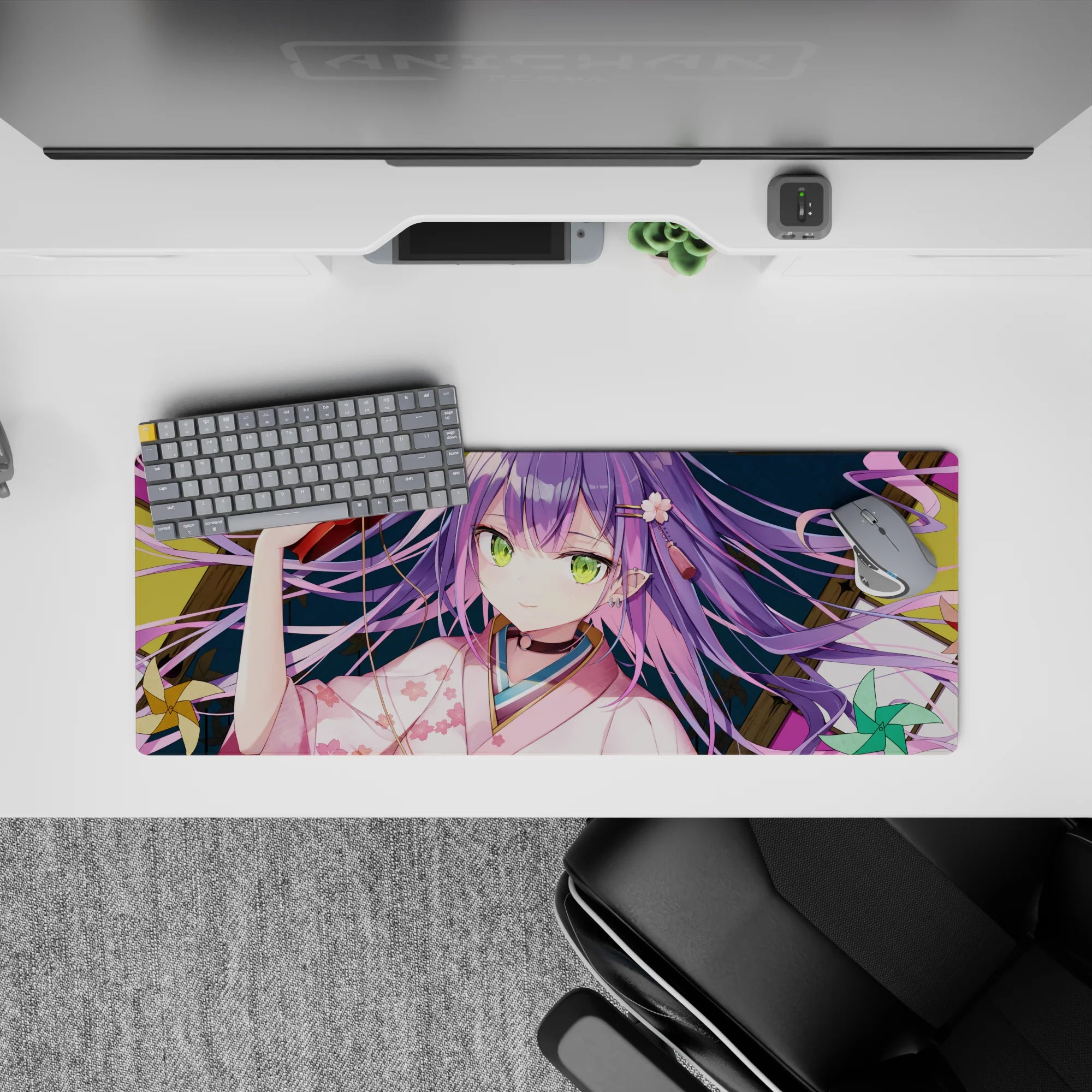 Anime girl mouse pad 32x12 inches in teal, gold, and pink with cozy mischievous festival vibe.