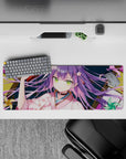 Anime girl mouse pad 32x12 inches in teal, gold, and pink with cozy mischievous festival vibe.