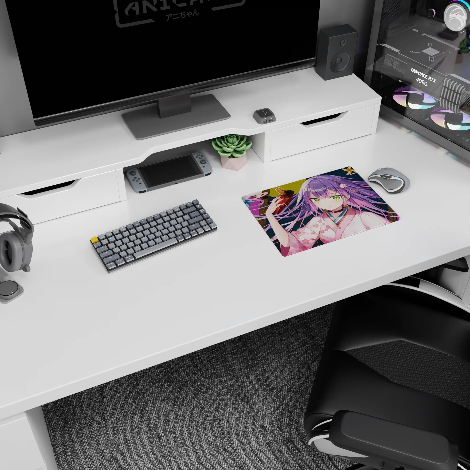 Anime shrine girl lounging with red oni mask, purple hair and green eyes on 14x10 inches mouse pad.
