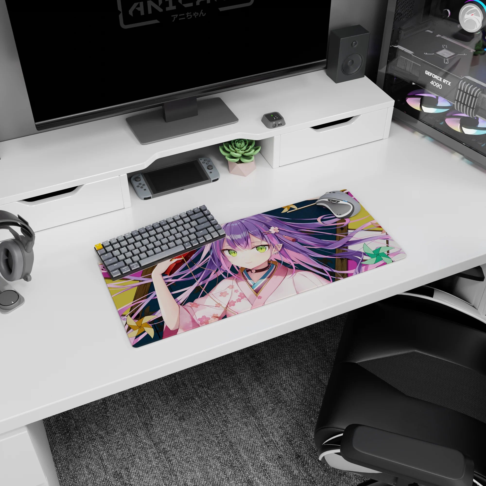 28x12 inches anime mouse pad showing purple-haired shrine maiden lounging, holding a red oni mask.