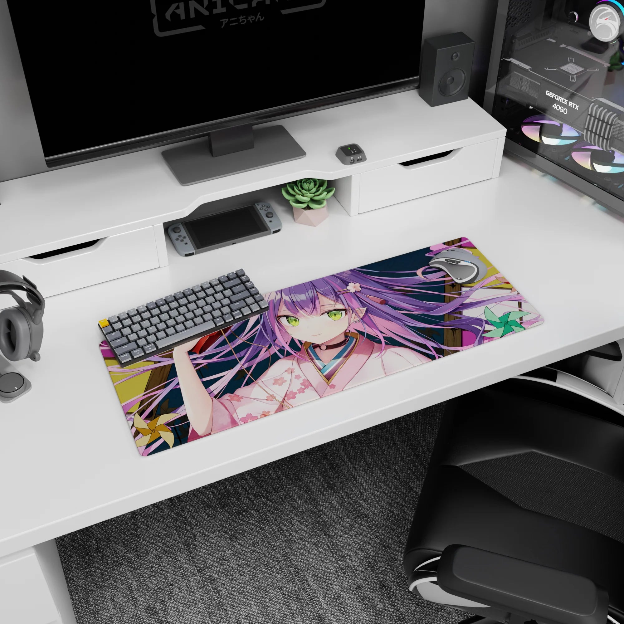 Anime girl mouse pad 32x12 inches showing green-eyed purple-haired girl lounging, holding red oni mask.