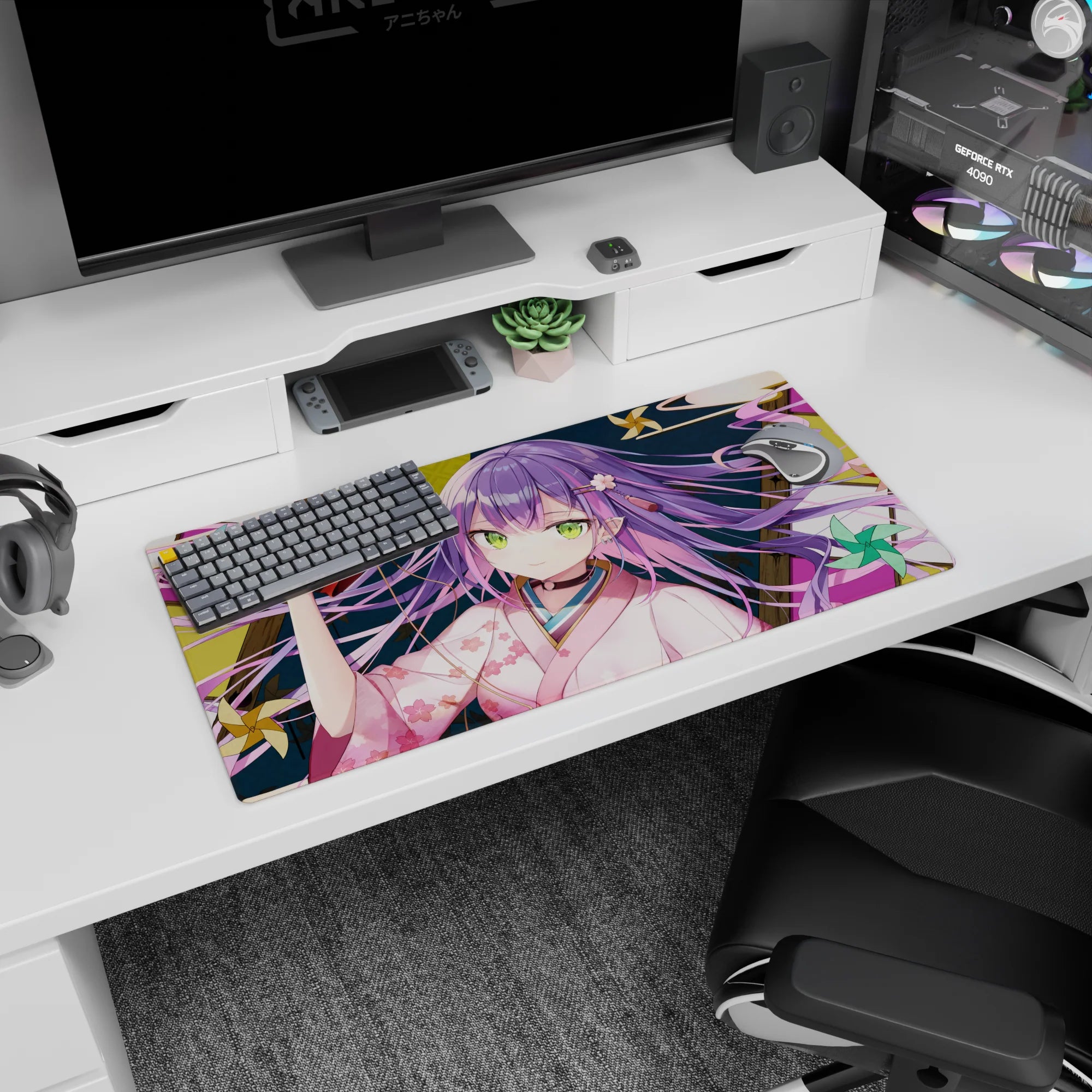 32x16 inches anime girl mouse pad showing green-eyed purple-haired shrine girl lounging with red oni mask.
