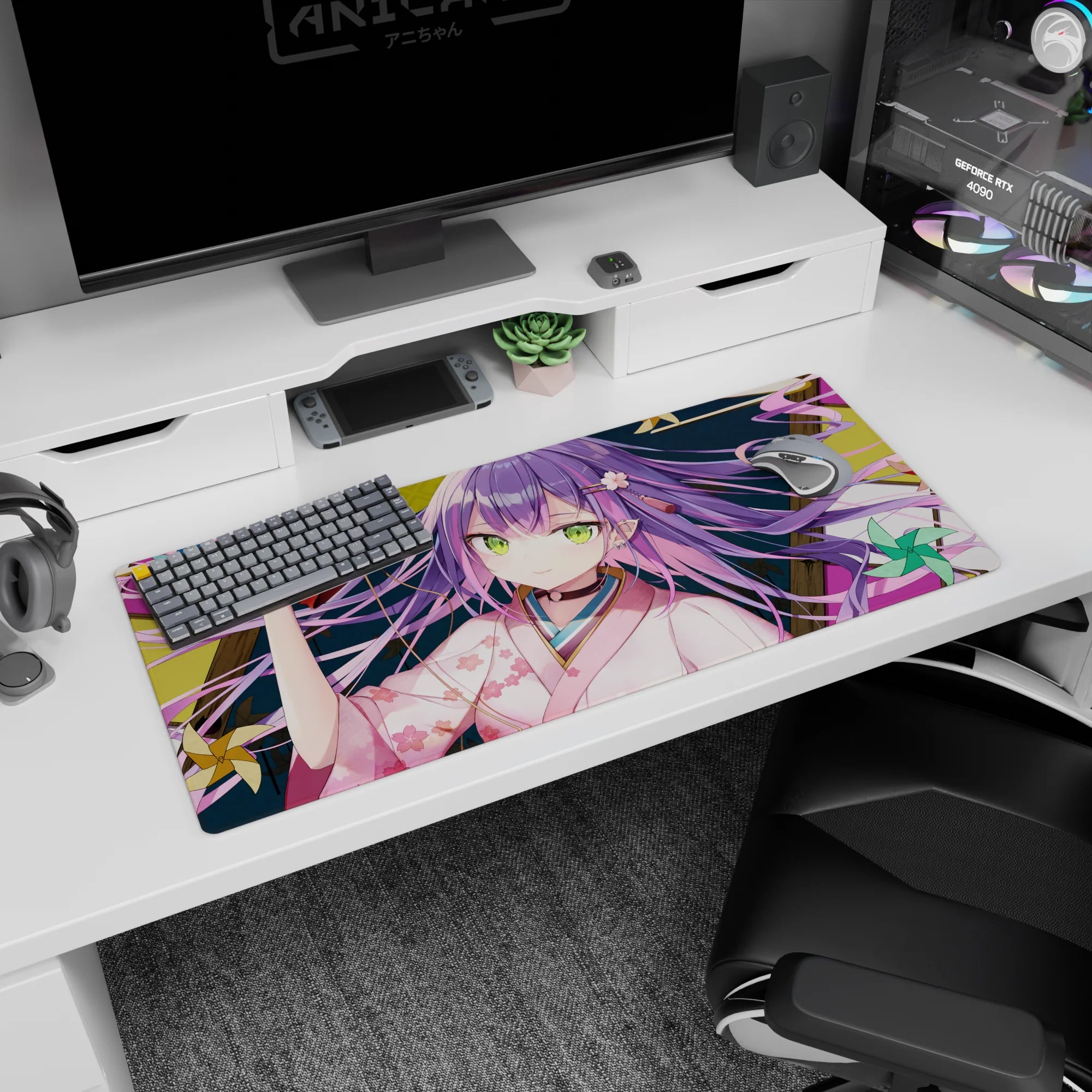 Purple-haired anime girl lounging with red oni mask on desk pad 36x16 inches, green eyes and kimono.