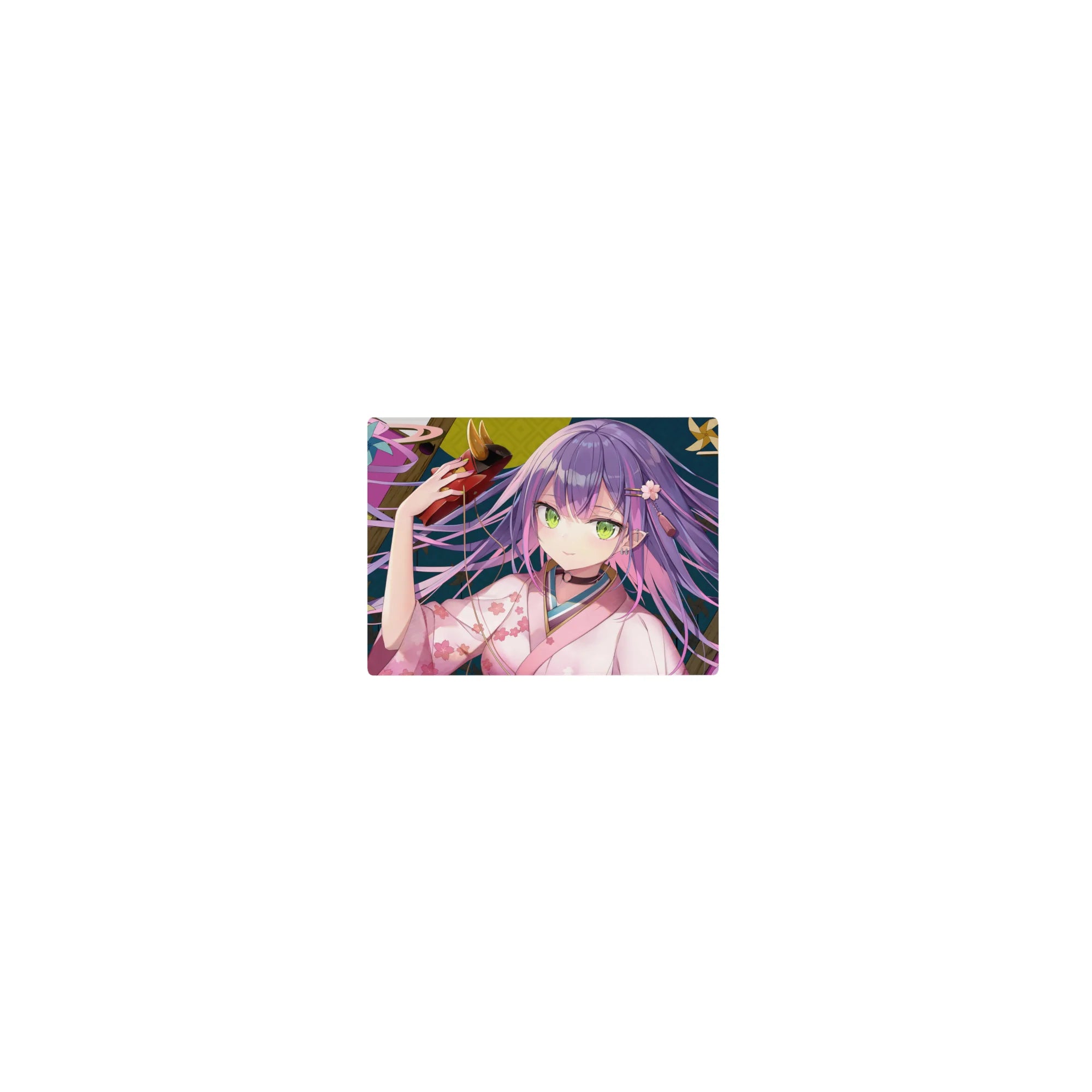 Classic anime girl mouse pad 14x10 inches with purple-haired shrine girl, kimono florals, oni mask.
