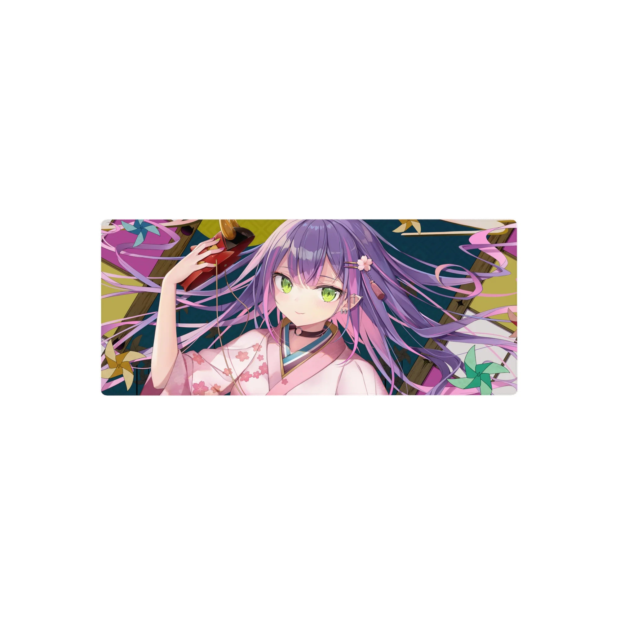 28x12 inches anime girl mouse pad with purple-haired shrine girl, green eyes, kimono florals, oni mask.