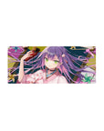 28x12 inches anime girl mouse pad with purple-haired shrine girl, green eyes, kimono florals, oni mask.