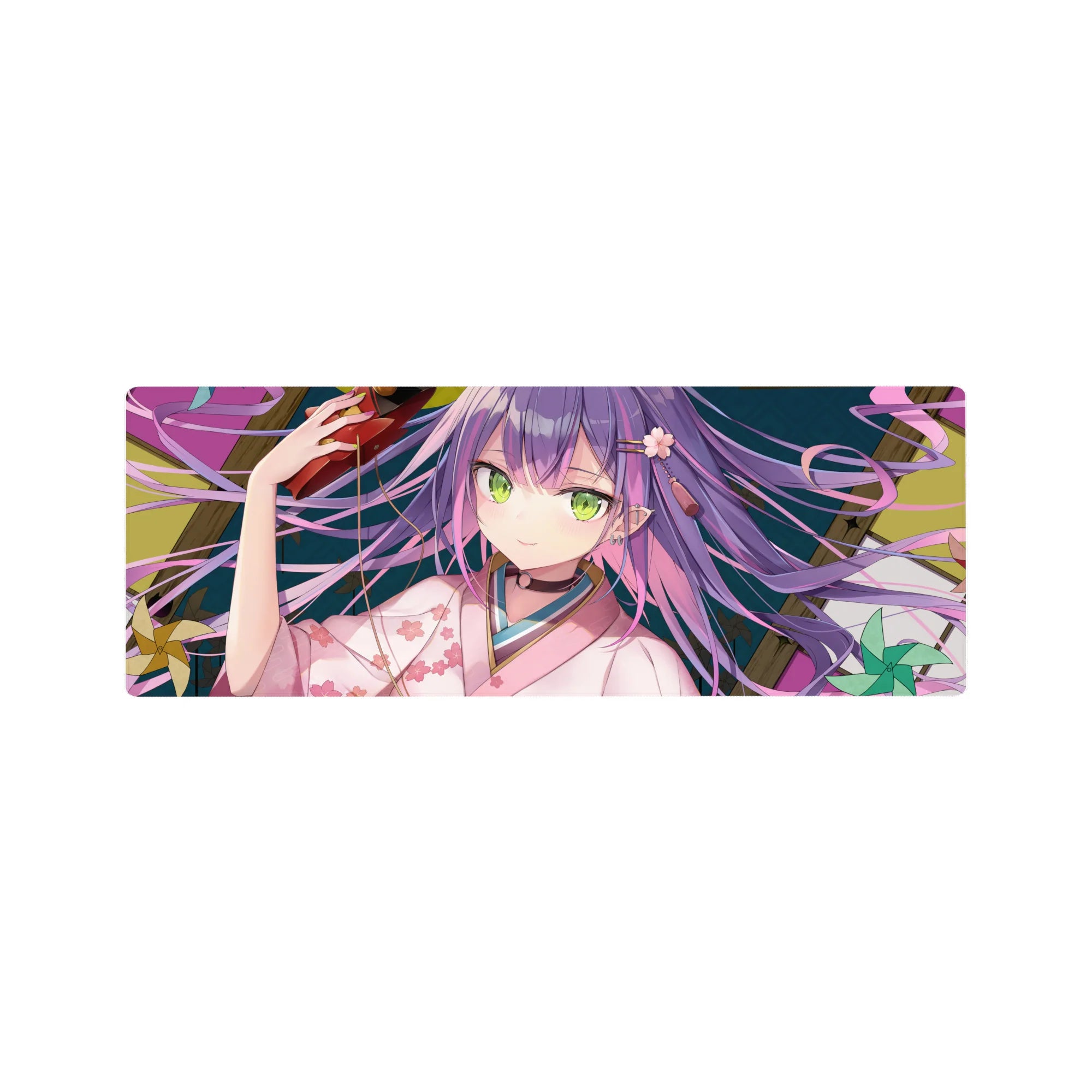 Anime girl mouse pad 32x12 inches with shrine-style purple-haired girl, oni mask, kimono florals.