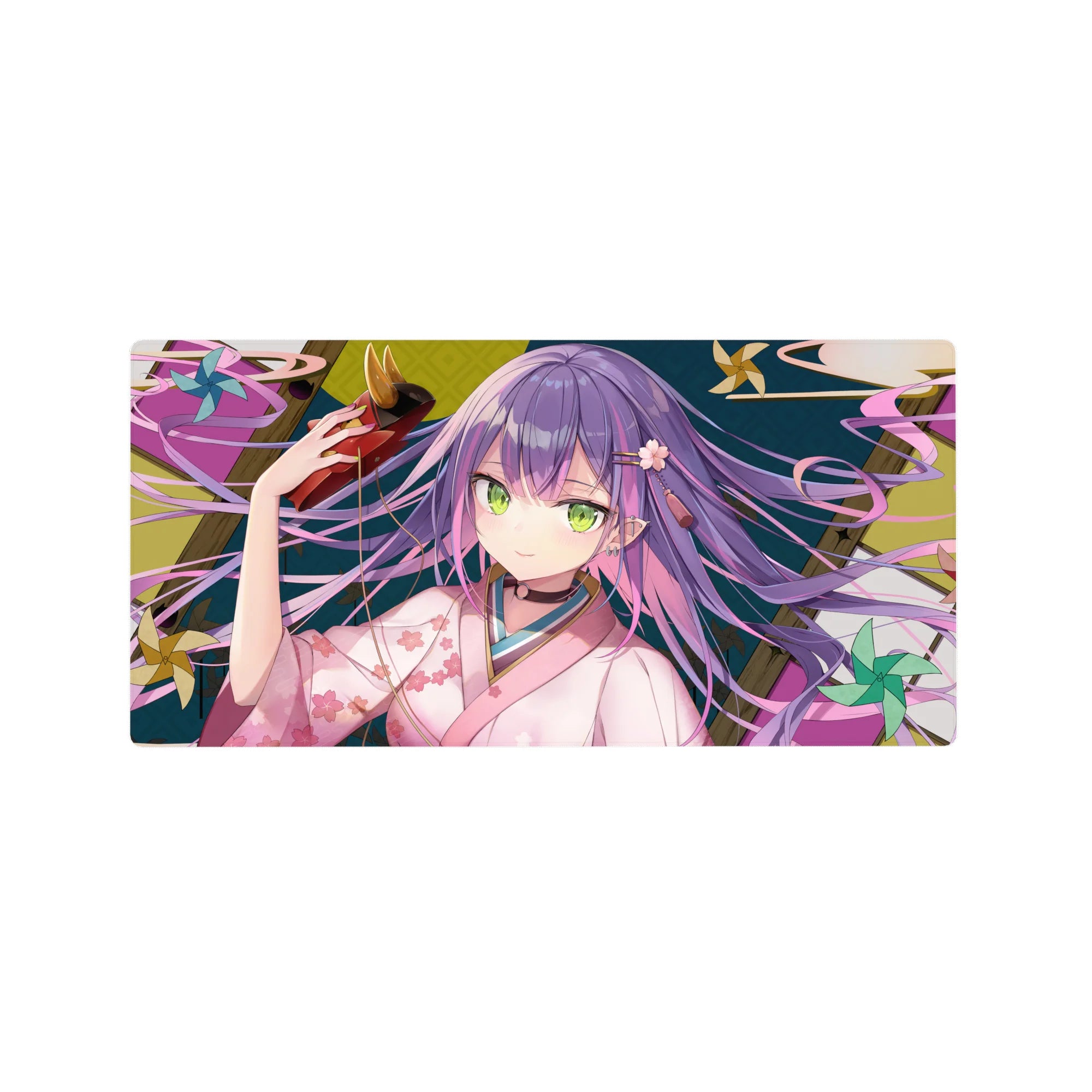32x16 inches anime girl mouse pad with purple-haired shrine girl, oni mask, kimono florals, teal gold.