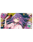32x16 inches anime girl mouse pad with purple-haired shrine girl, oni mask, kimono florals, teal gold.