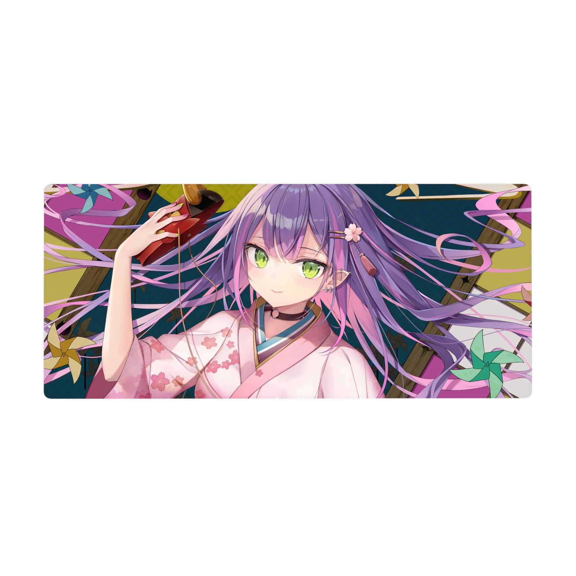 Anime girl desk pad 36x16 inches with purple-haired shrine vibe, kimono florals, oni mask, and charms.