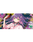 Anime girl desk pad 36x16 inches with purple-haired shrine vibe, kimono florals, oni mask, and charms.