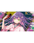 Anime girl desk pad 40x20 inches with purple-haired shrine vibe, oni mask, kimono florals, teal panels.