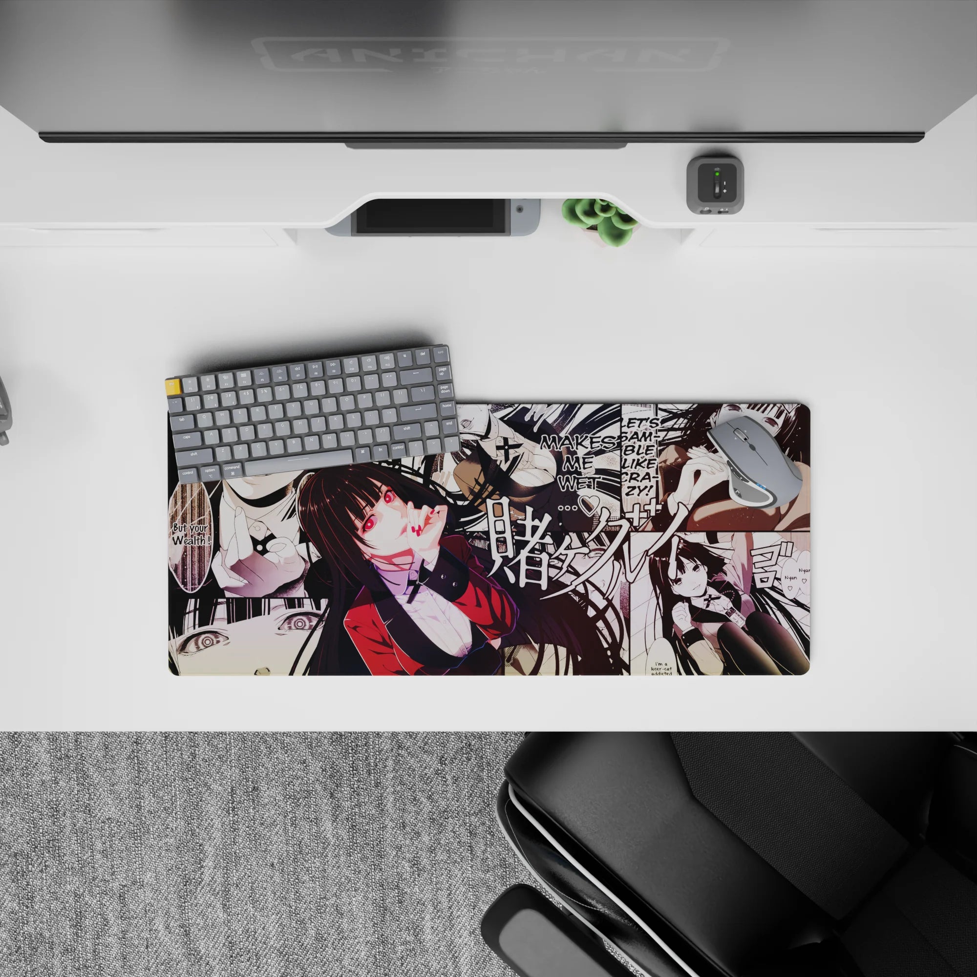 Black-and-white anime mouse pad with punchy crimson blazer, risky playful vibe, 28x12 inches.
