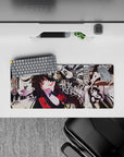 Black-and-white anime mouse pad with punchy crimson blazer, risky playful vibe, 28x12 inches.