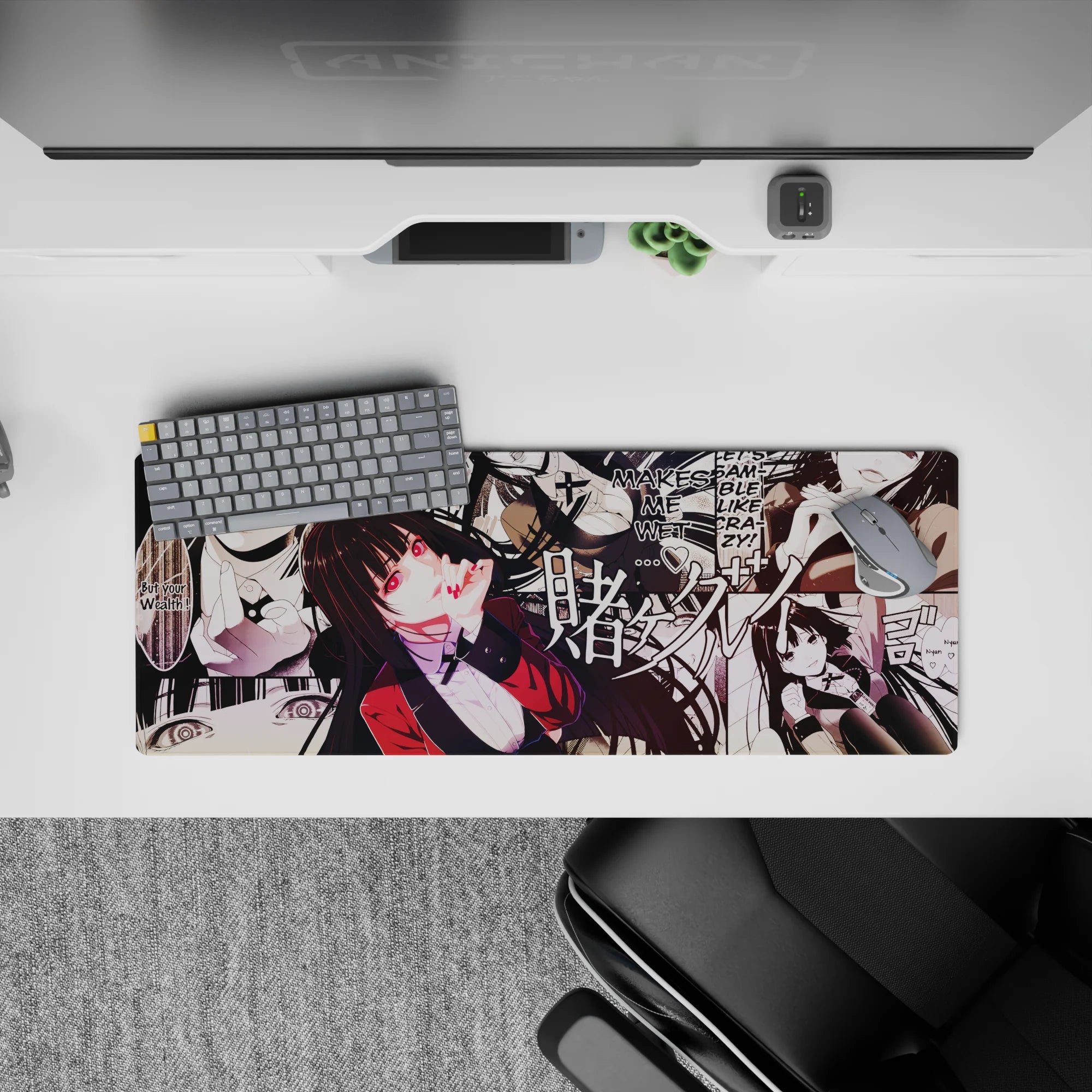 Anime girl mouse pad 32x12 inches in deep blacks, creamy whites, and crimson blazer for a risky, dramatic vibe.