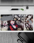 32x16 inches desk mouse pad in deep blacks, creamy whites, and punchy crimson, with a risky vibe.