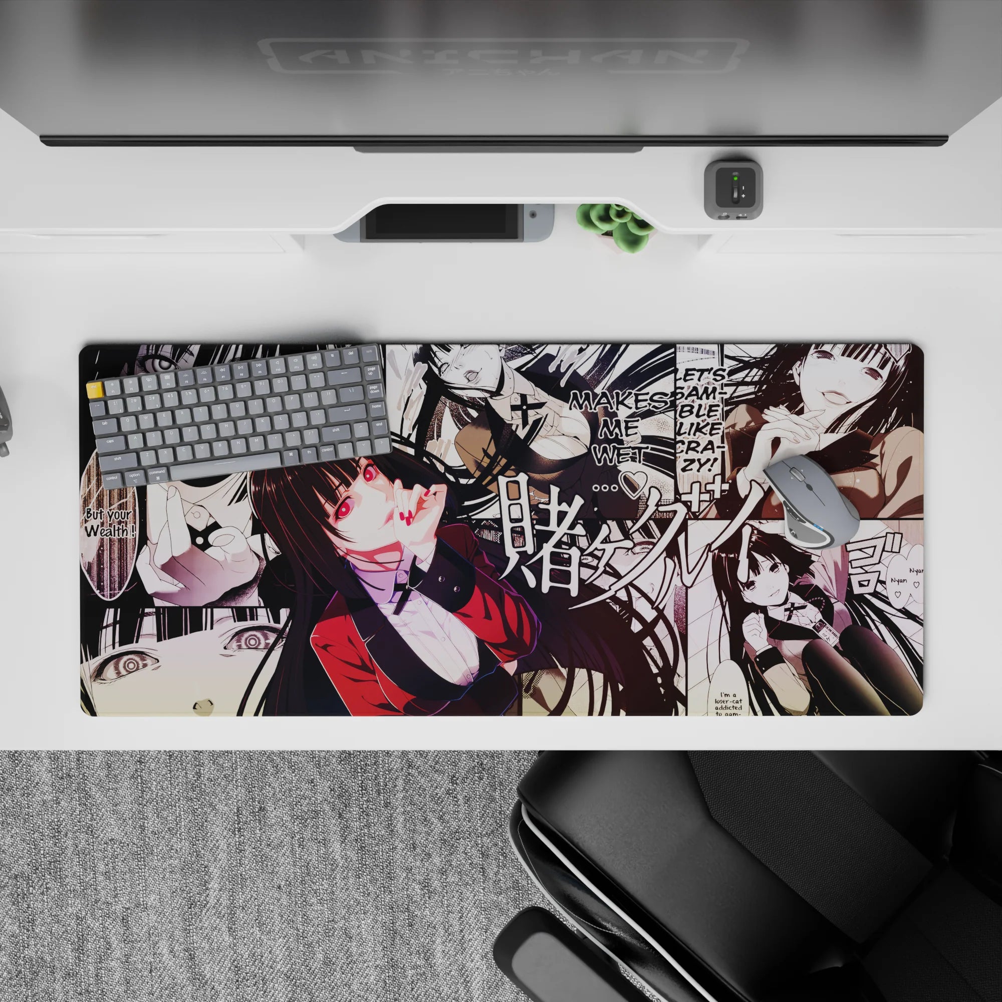 Black, cream, and crimson anime desk pad 36x16 inches with dramatic, risky vibe and sly smile.