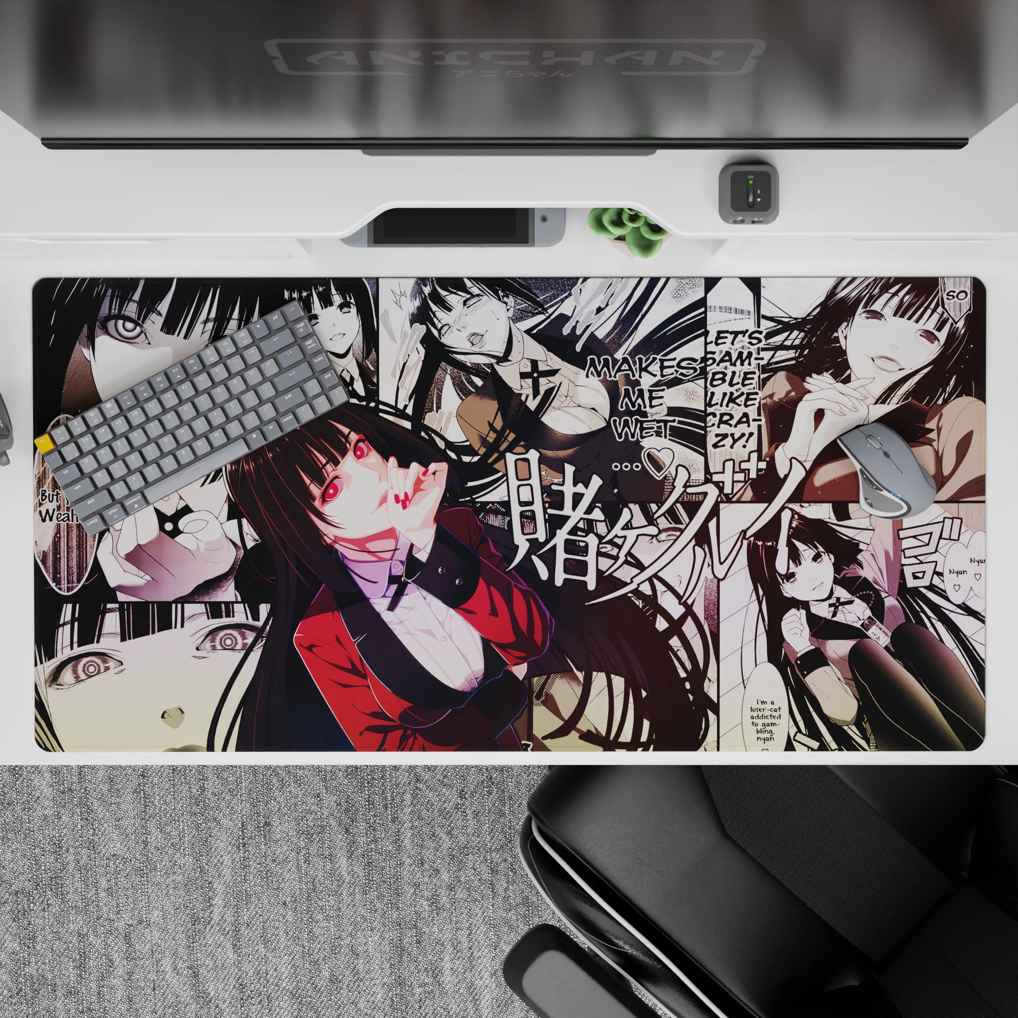 Deep black and white desk pad with punchy crimson blazer accents, bold risky vibe, 40x20 inches.