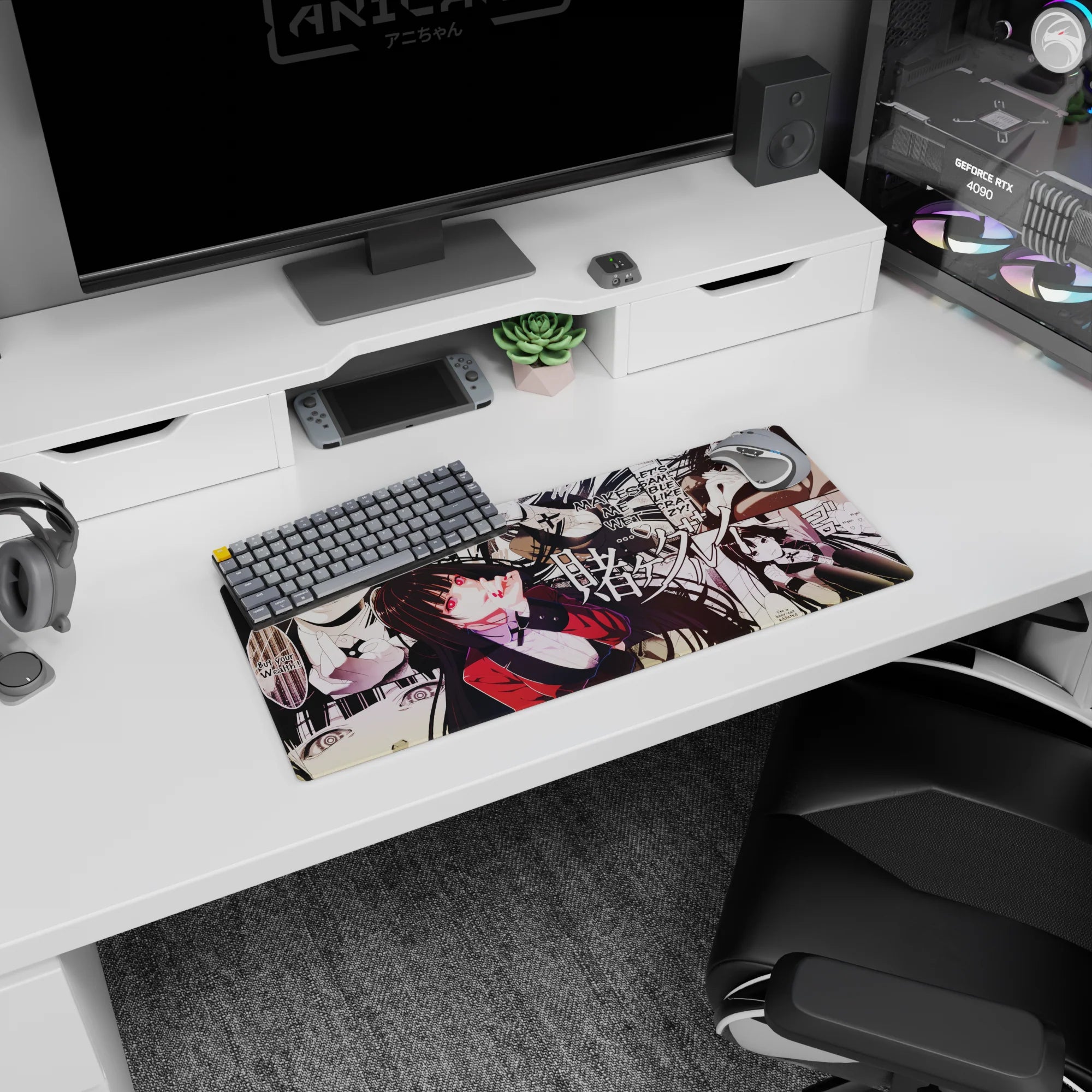 Yumeko Jabami Kakegurui anime girl mouse pad, sly smile and flowing hair manga scene, 28x12 inches.