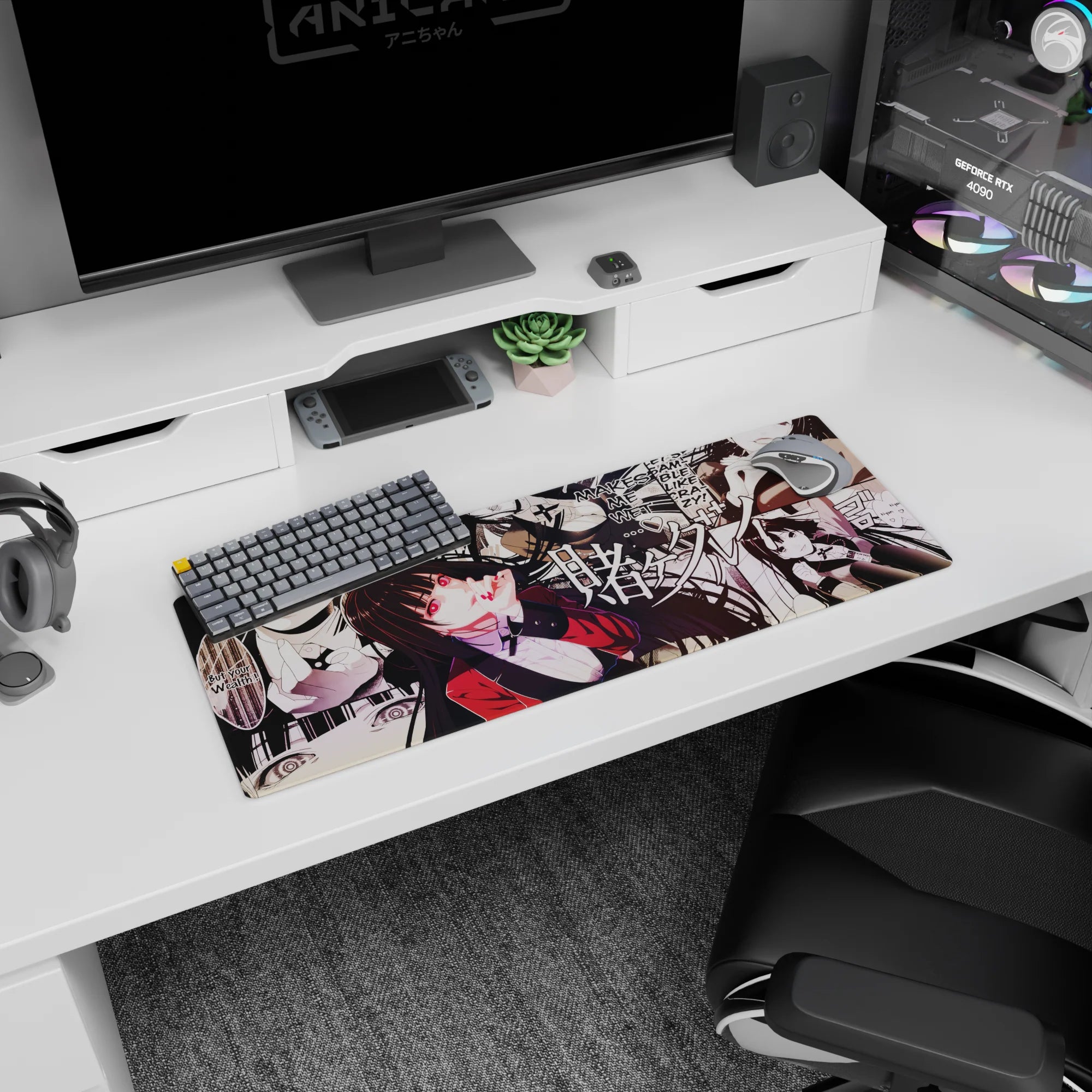 Kakegurui Yumeko Jabami anime girl mouse pad 32x12 inches with sly smile, sharp bangs, and bright eyes.