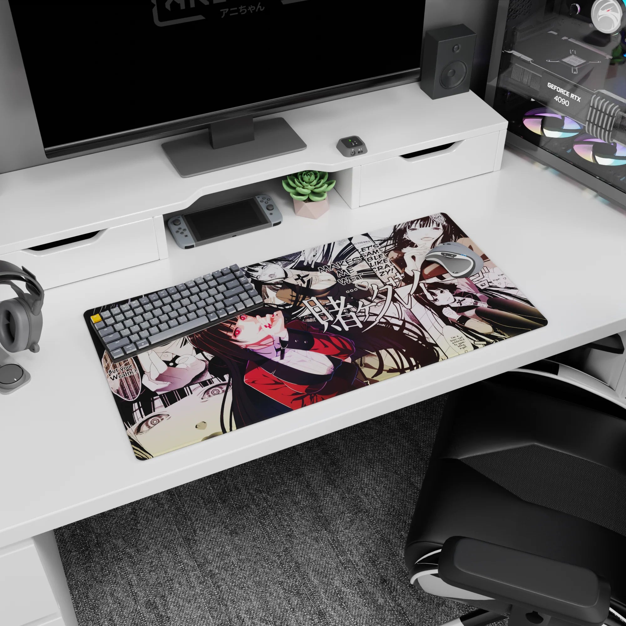 32x16 inches Kakegurui mouse pad featuring Yumeko Jabami smirking in a red blazer, manga-style.