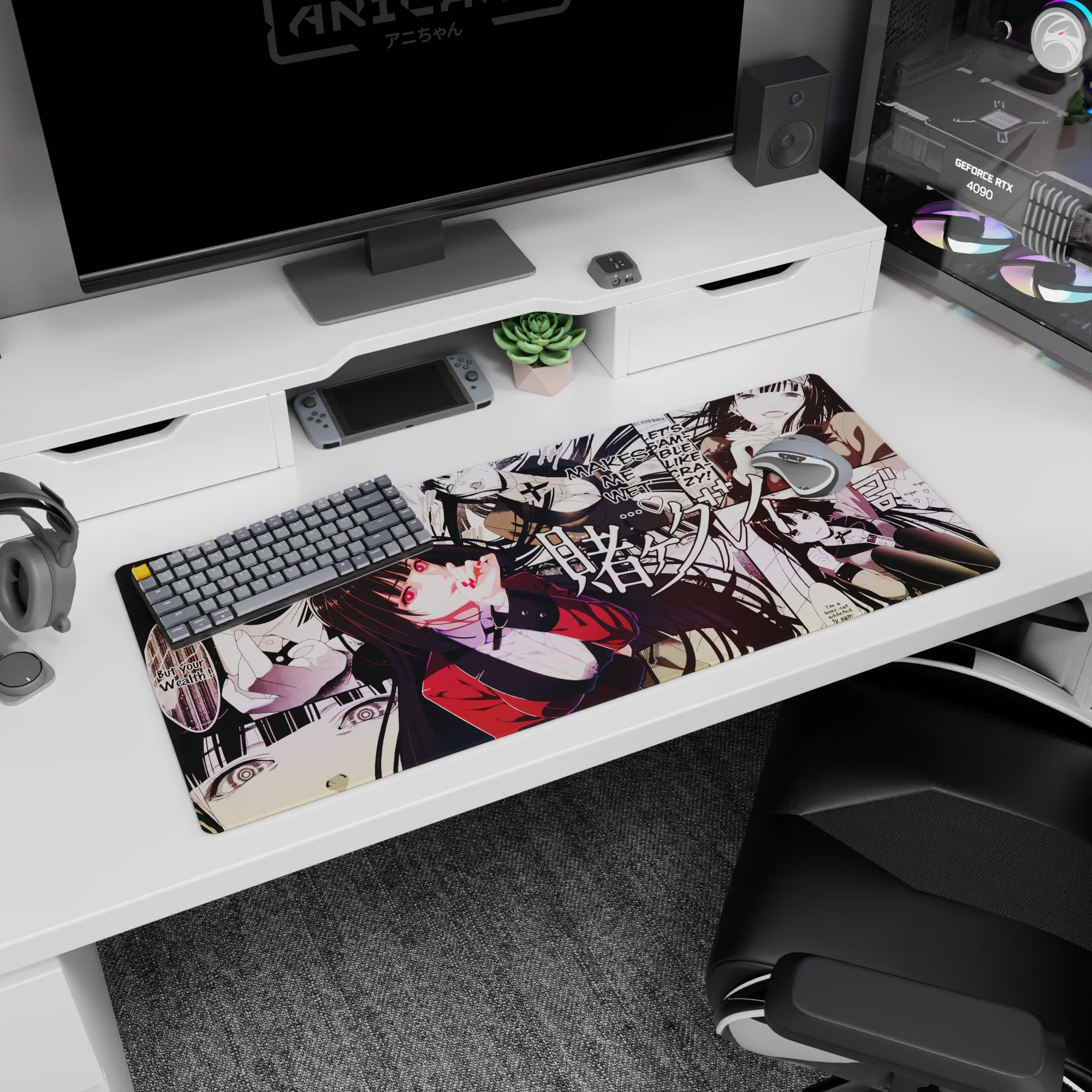 Yumeko Jabami Kakegurui desk pad 36x16 inches with red blazer, sharp bangs, and bright eyes.
