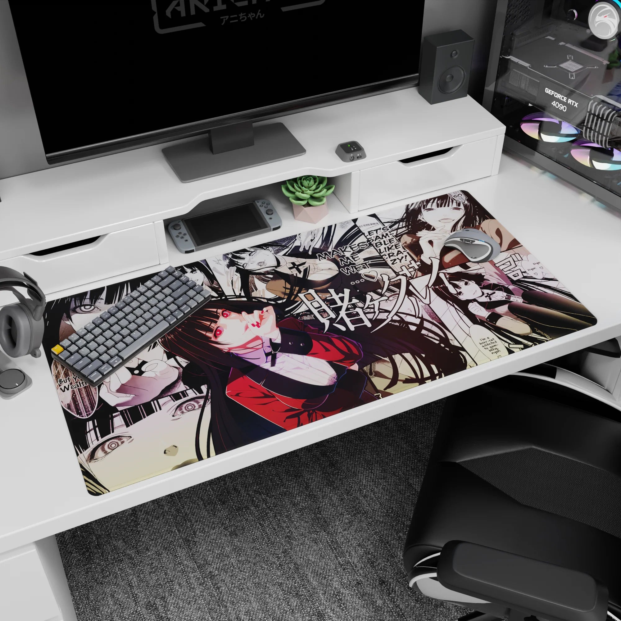 Yumeko Jabami Kakegurui desk pad, sly smile and flowing hair across manga panels, 40x20 inches.