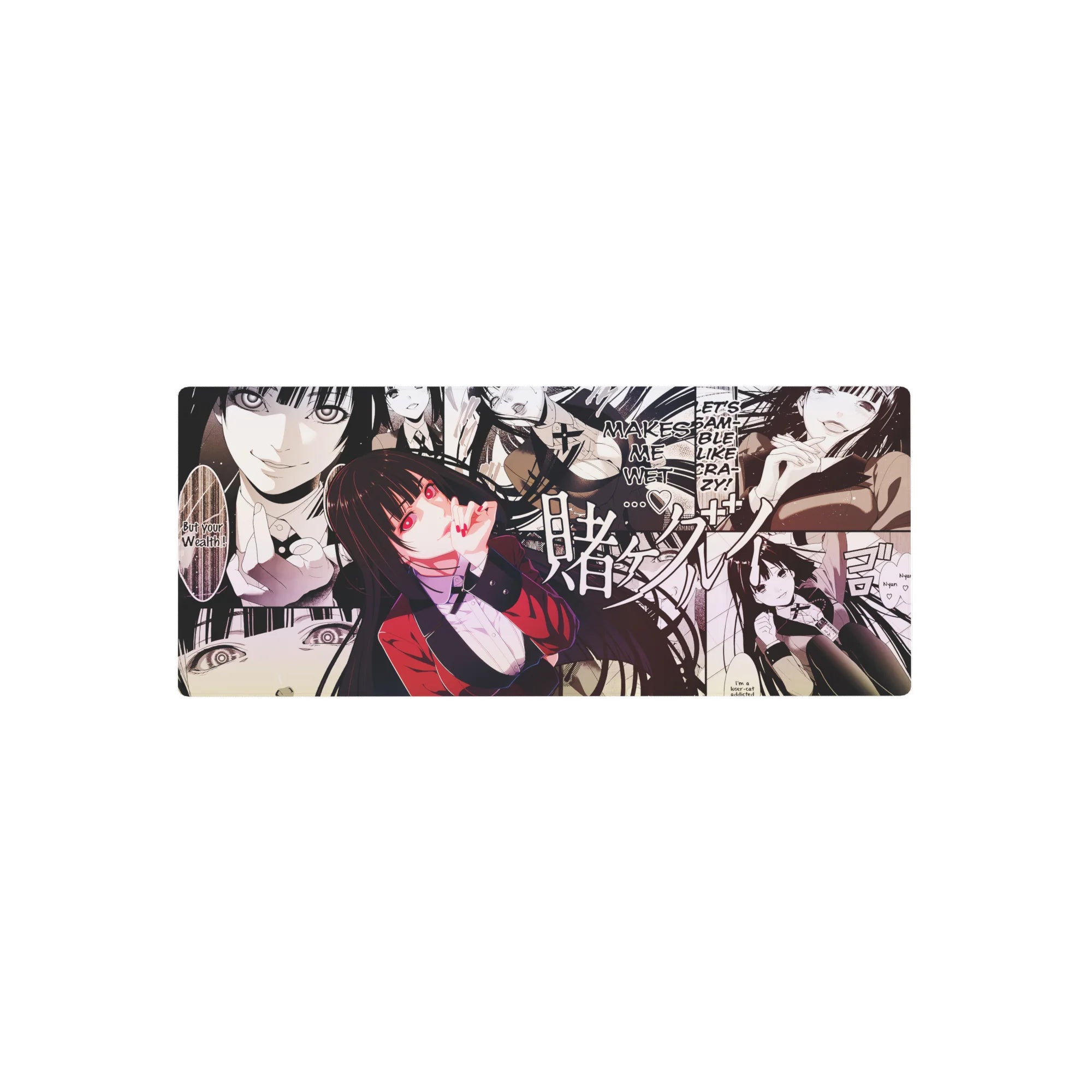 Manga collage anime girl mouse pad desk mat, bold panels and lettering, 28x12 inches.