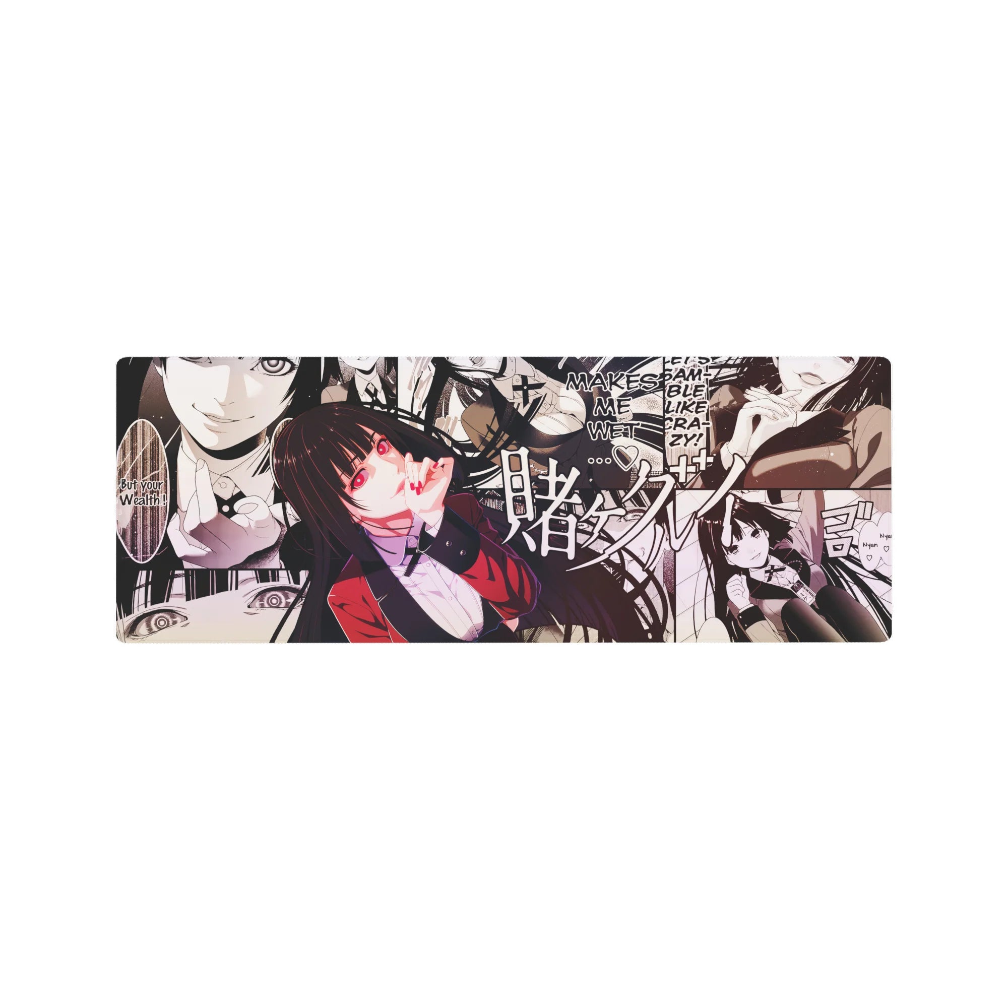 Anime girl mouse pad 32x12 inches with Yumeko manga collage panels, bold lettering, and flowing hair layout.
