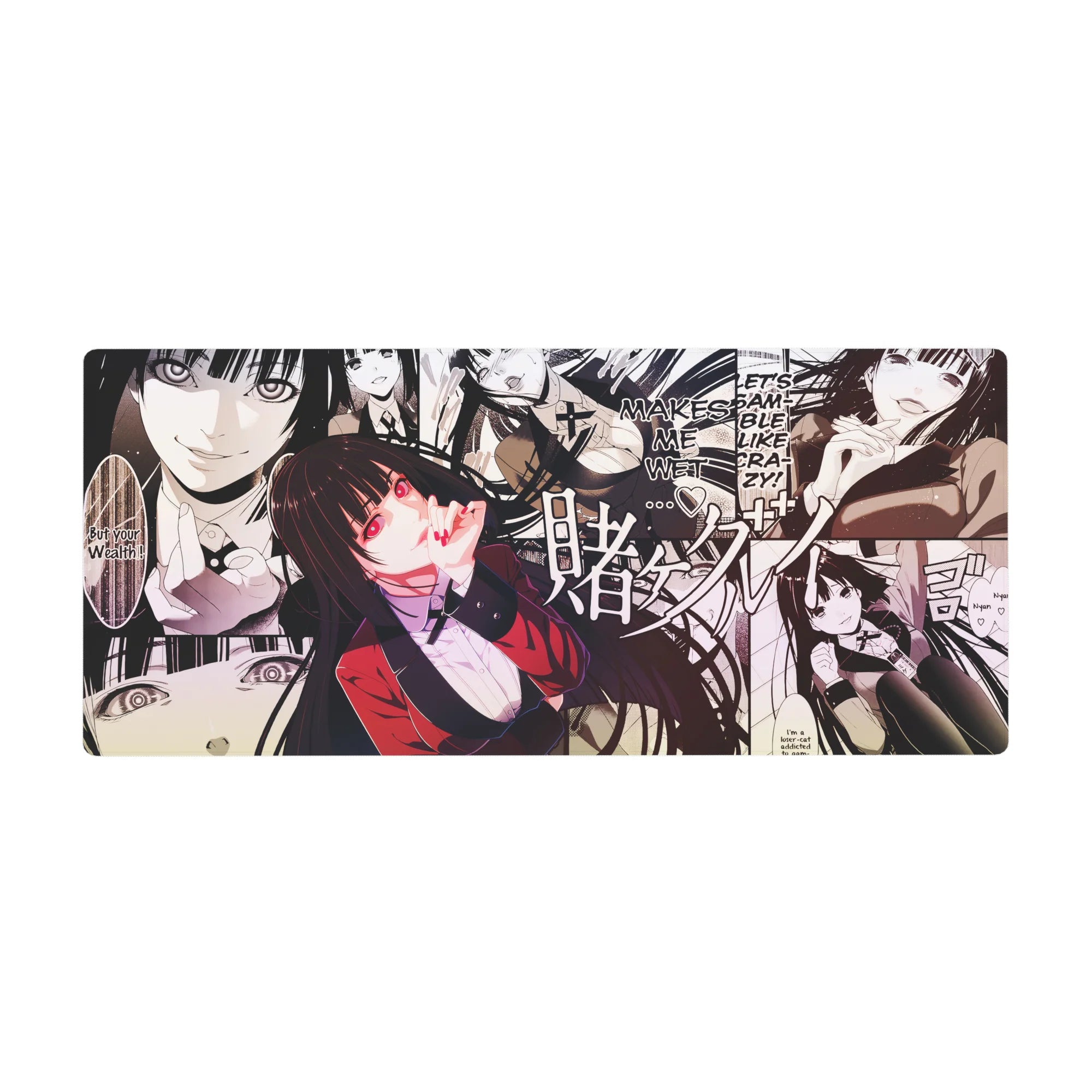 Manga collage anime girl desk pad 36x16 inches with bold panels, lettering, and flowing hair.