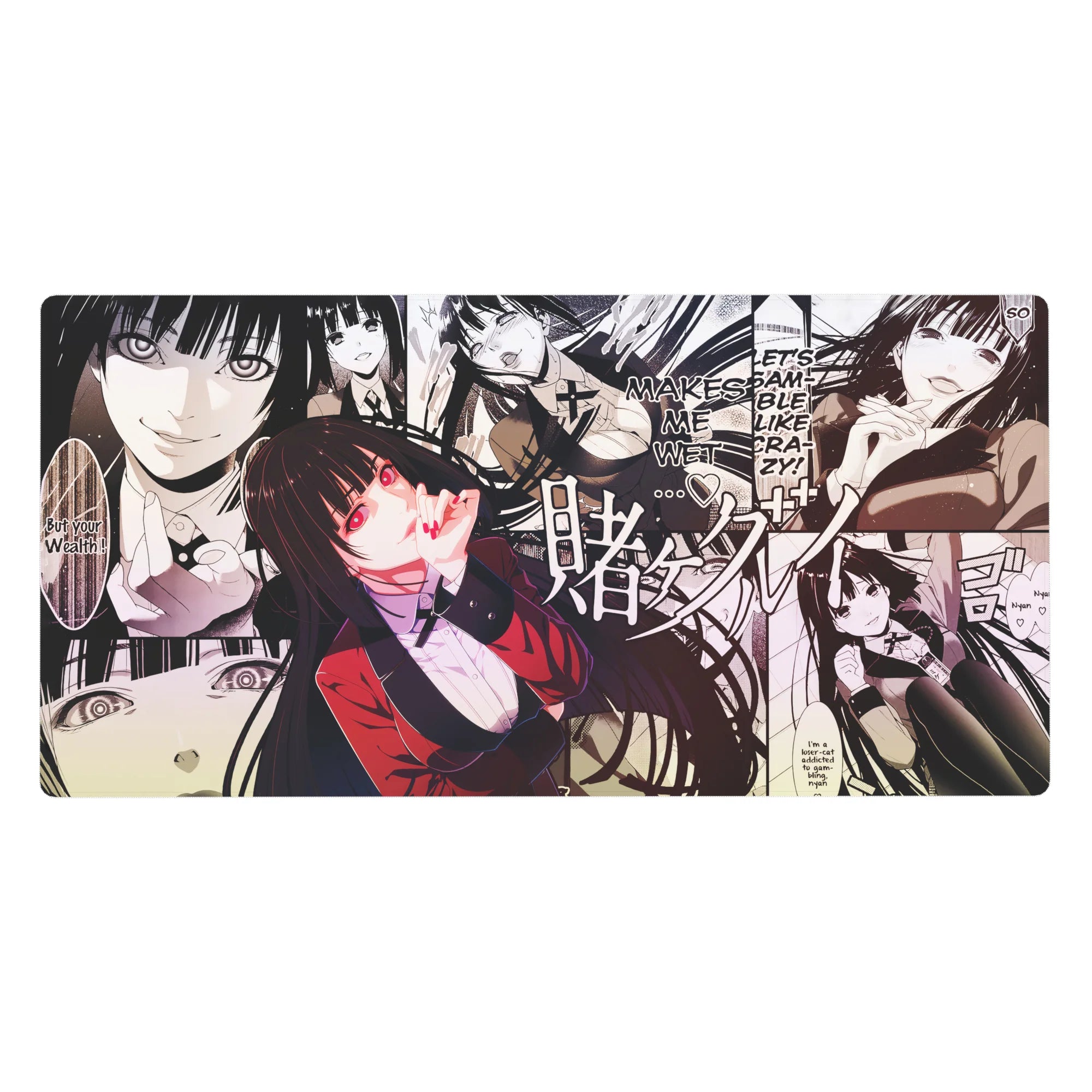 Manga collage anime girl desk pad with layered panels and lettering, 40x20 inches.