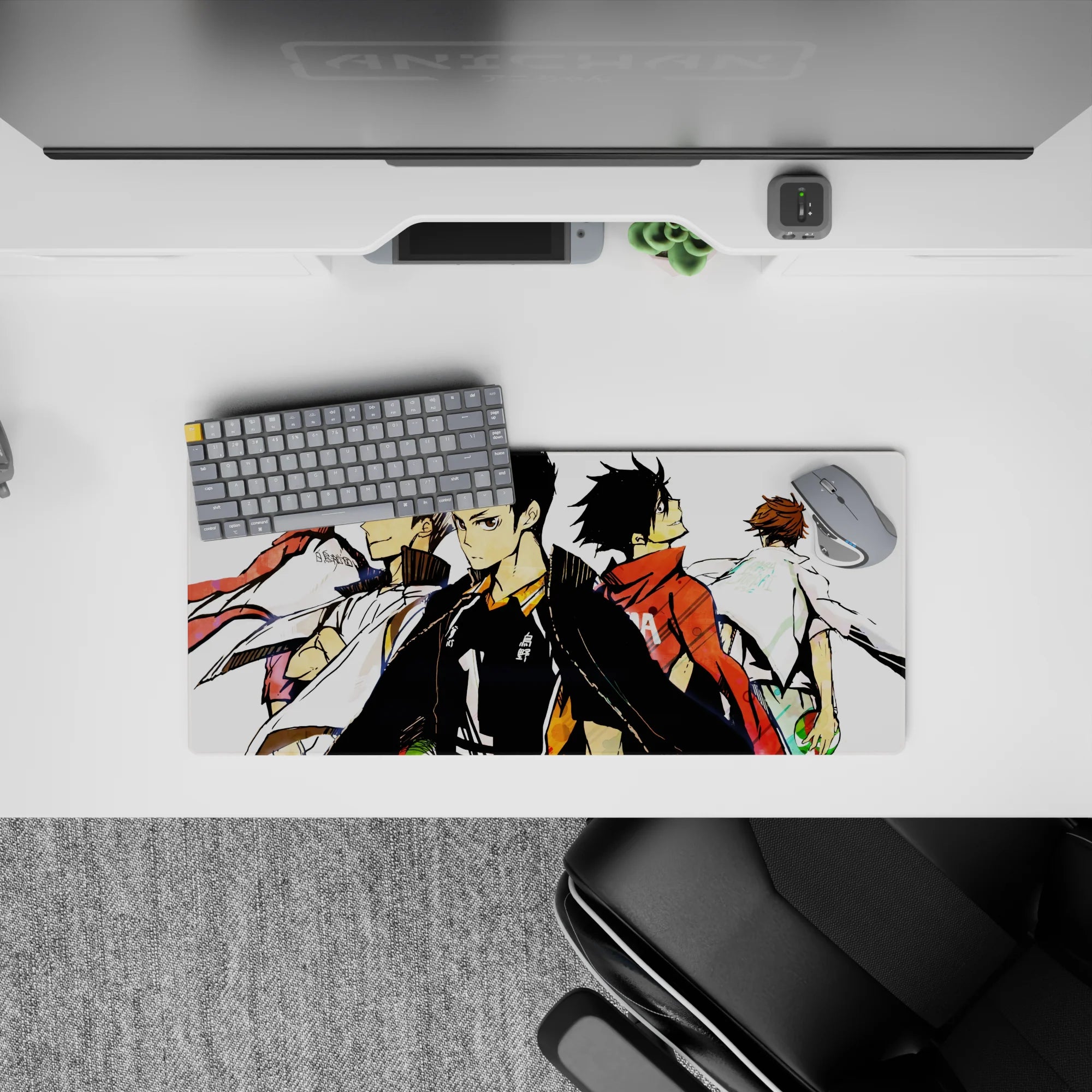 28x12 inches anime mouse pad with red and white warmups, gritty shading, calm fierce team tension.