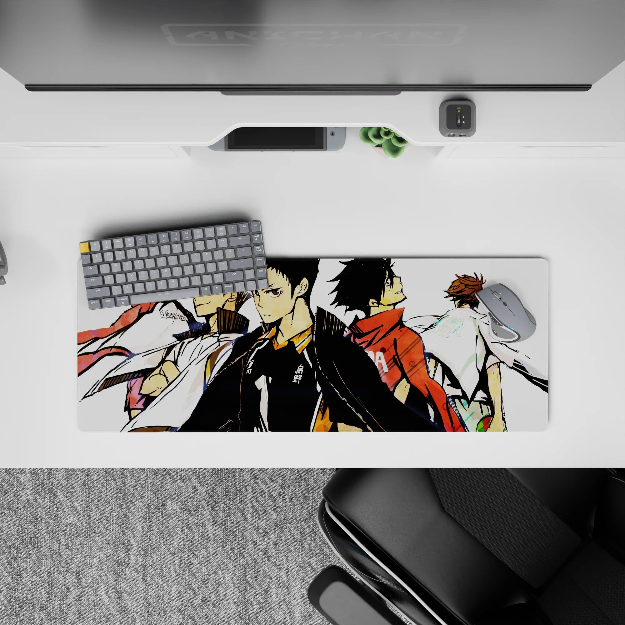 32x12 inches anime mouse pad with bold red, white, and black tones and intense team tension vibe.