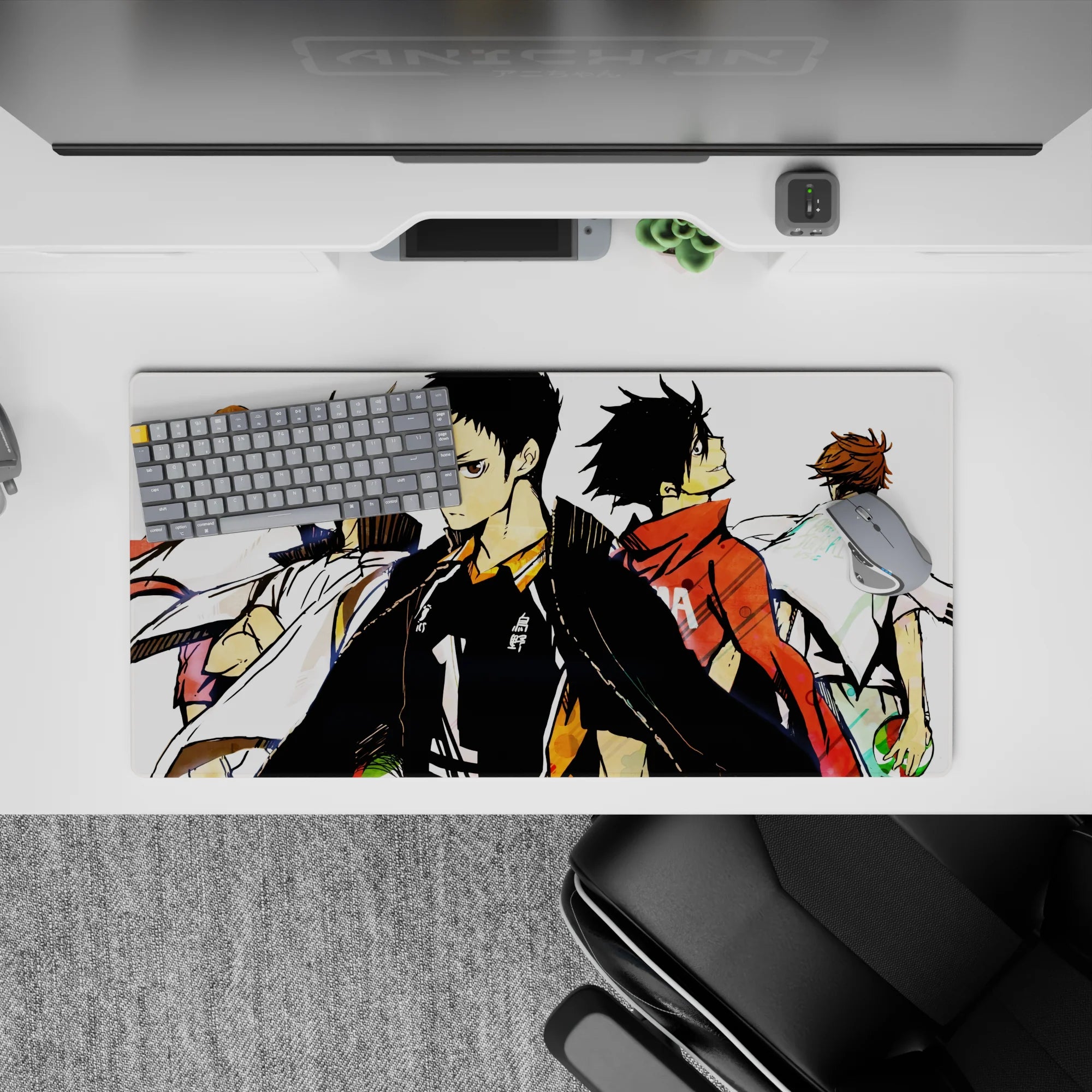 32x16 inches anime mouse pad with crisp white backdrop, gritty shading, and red-black team tension.