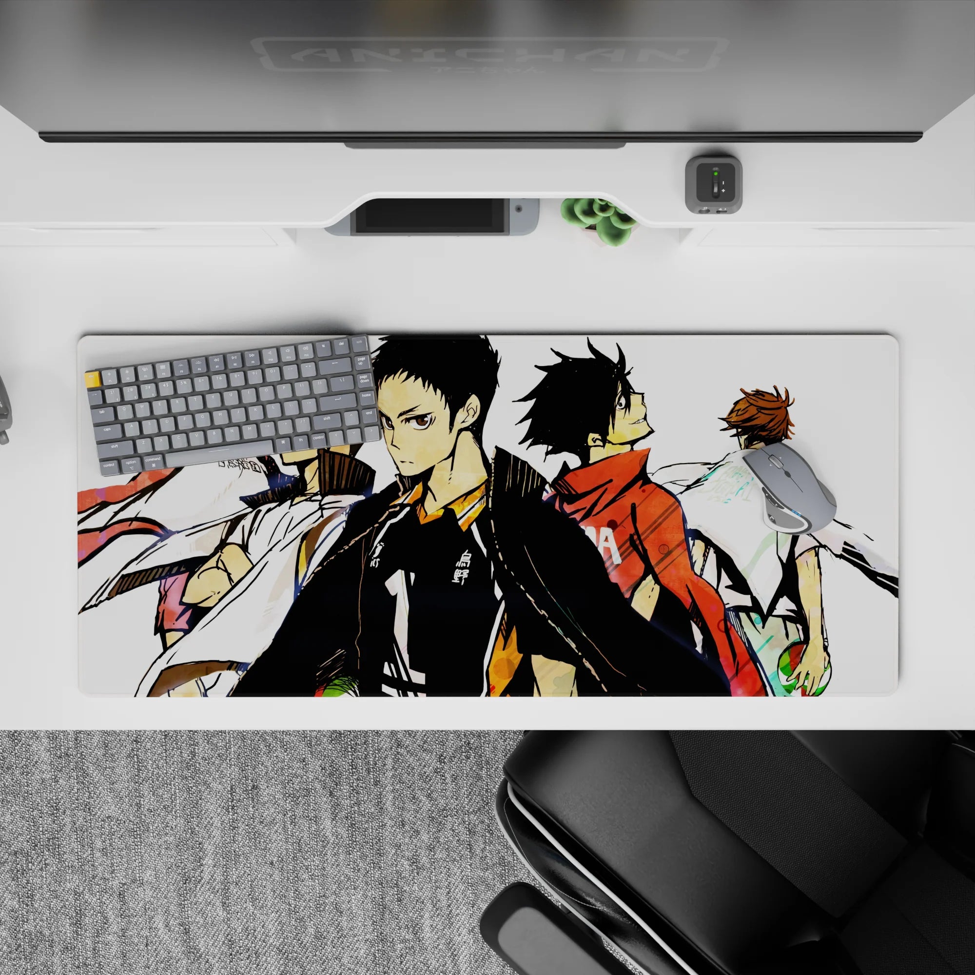 36x16 inches anime desk pad with red and white warmups, gritty shading, and fired-up calm tension.