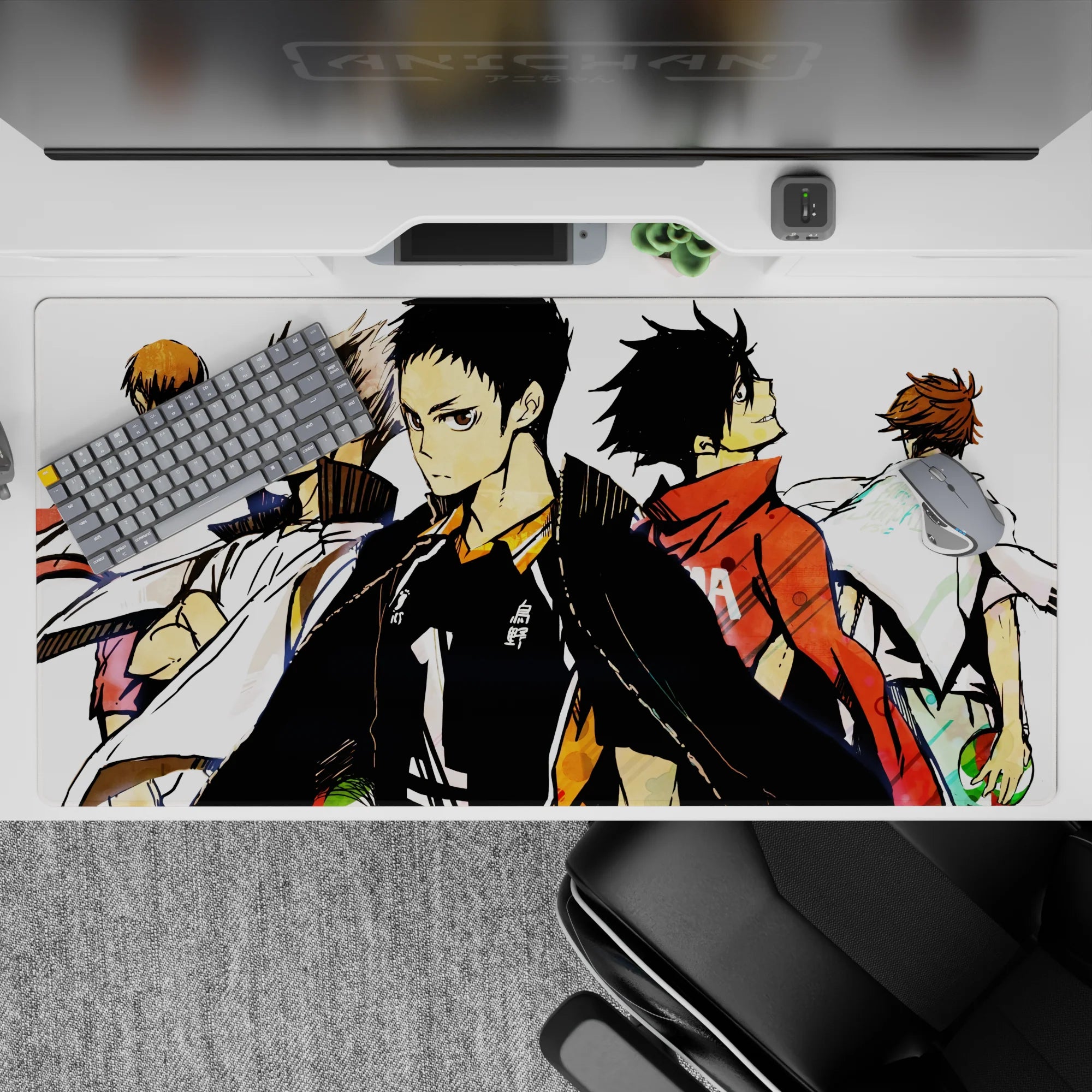 40x20 inches anime desk pad in gritty black ink with bold red/white warmups, tense fired-up mood.