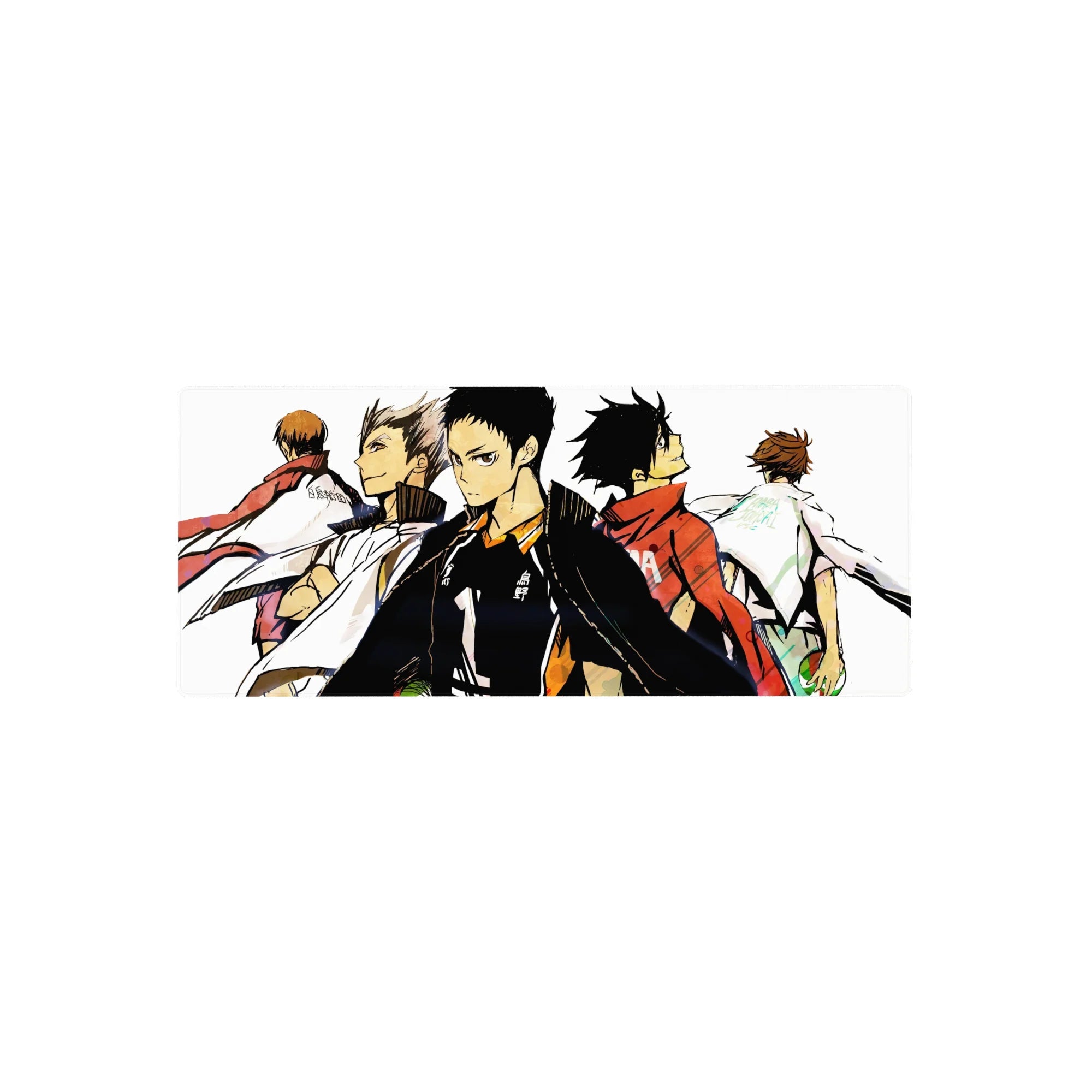 28x12 inches anime mouse pad with five volleyball rivals back-to-back in ink-splash style on white.