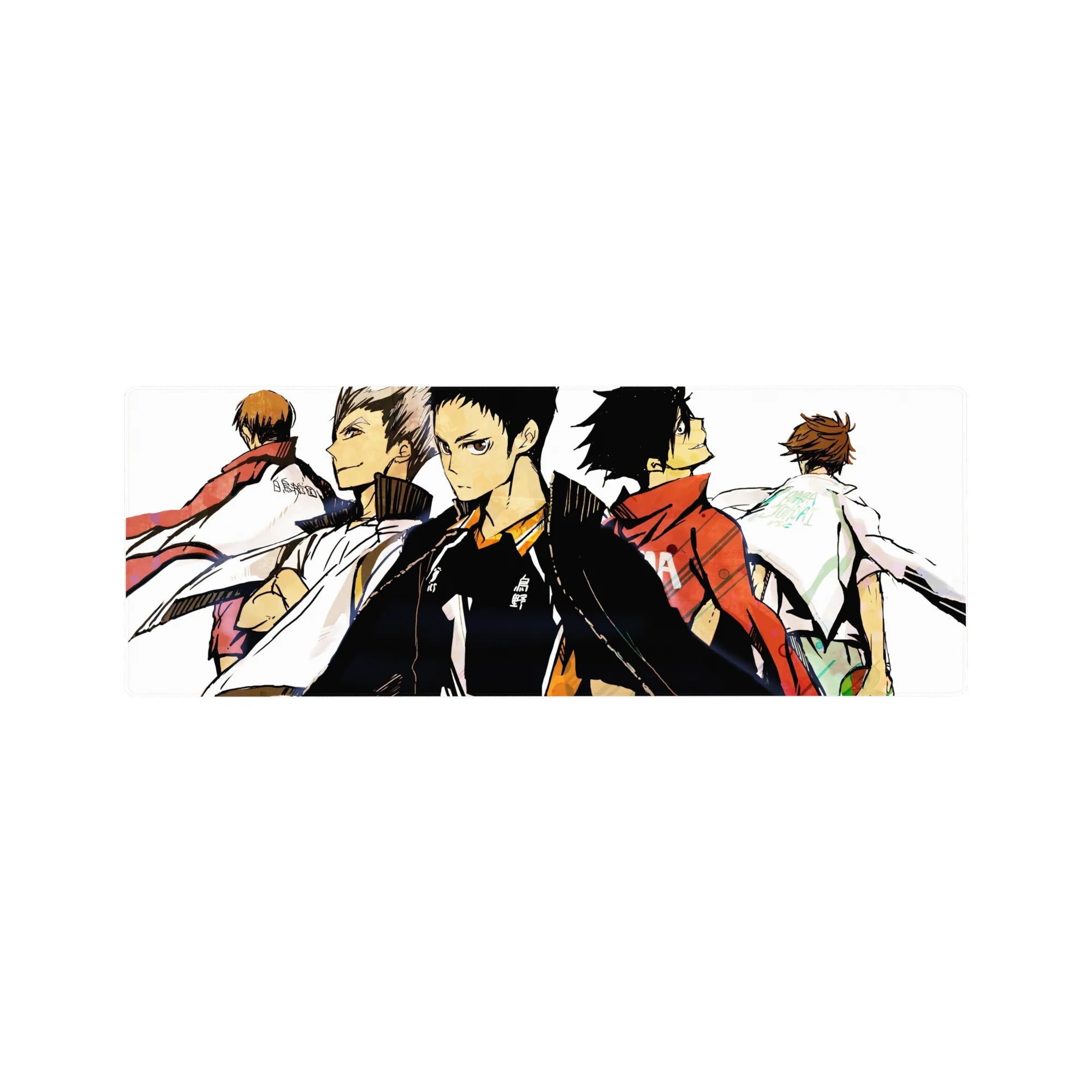 32x12 inches anime mouse pad with five volleyball rivals back-to-back in sharp ink-splash style.