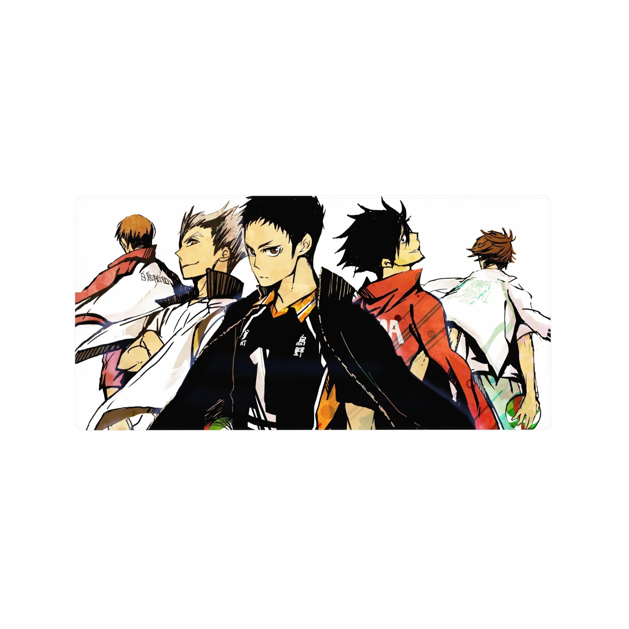 32x16 inches anime mouse pad with five volleyball rivals back-to-back in bold ink-splash style.