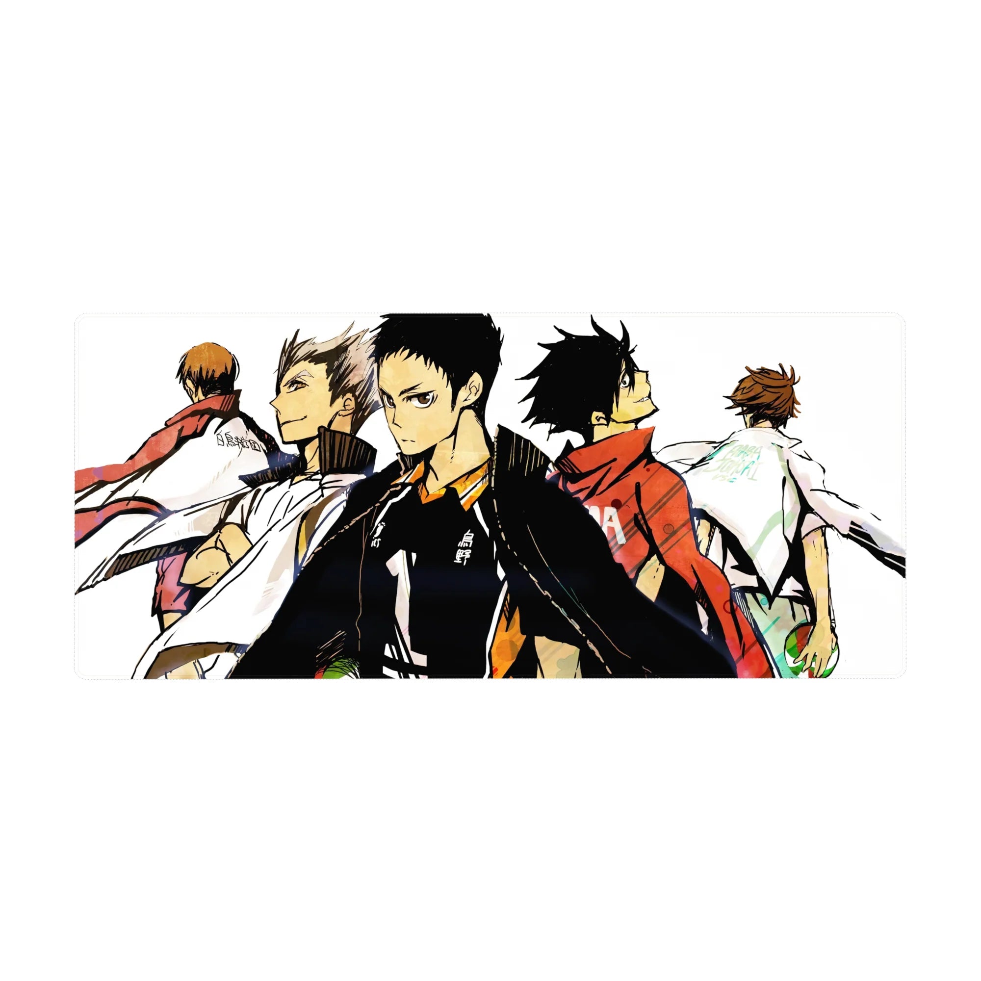 36x16 inches anime desk pad with five volleyball rivals back to back in sharp ink-splash style.