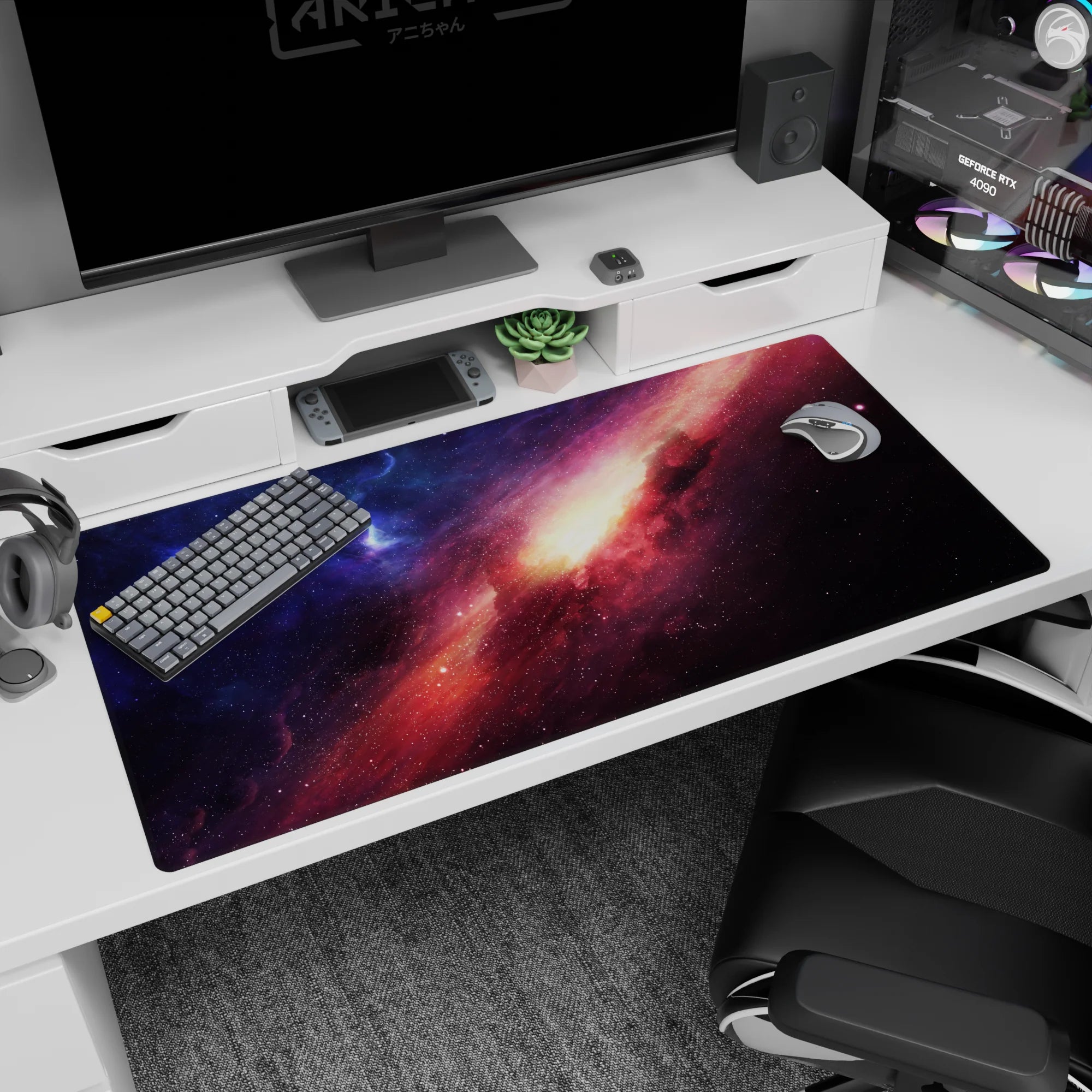 Comet streak across a starry nebula desk pad 40x20 inches, with tiny stars over swirling galaxy.