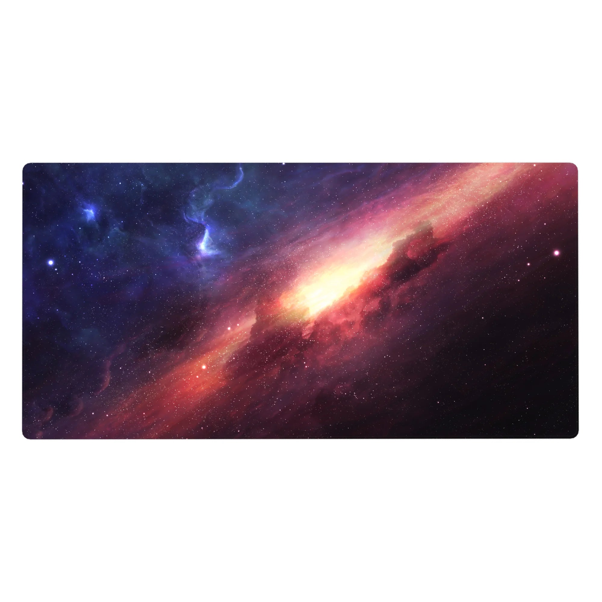 Galaxy swirl desk pad 40x20 inches with star speckles, nebula clouds, and a gold comet trail.