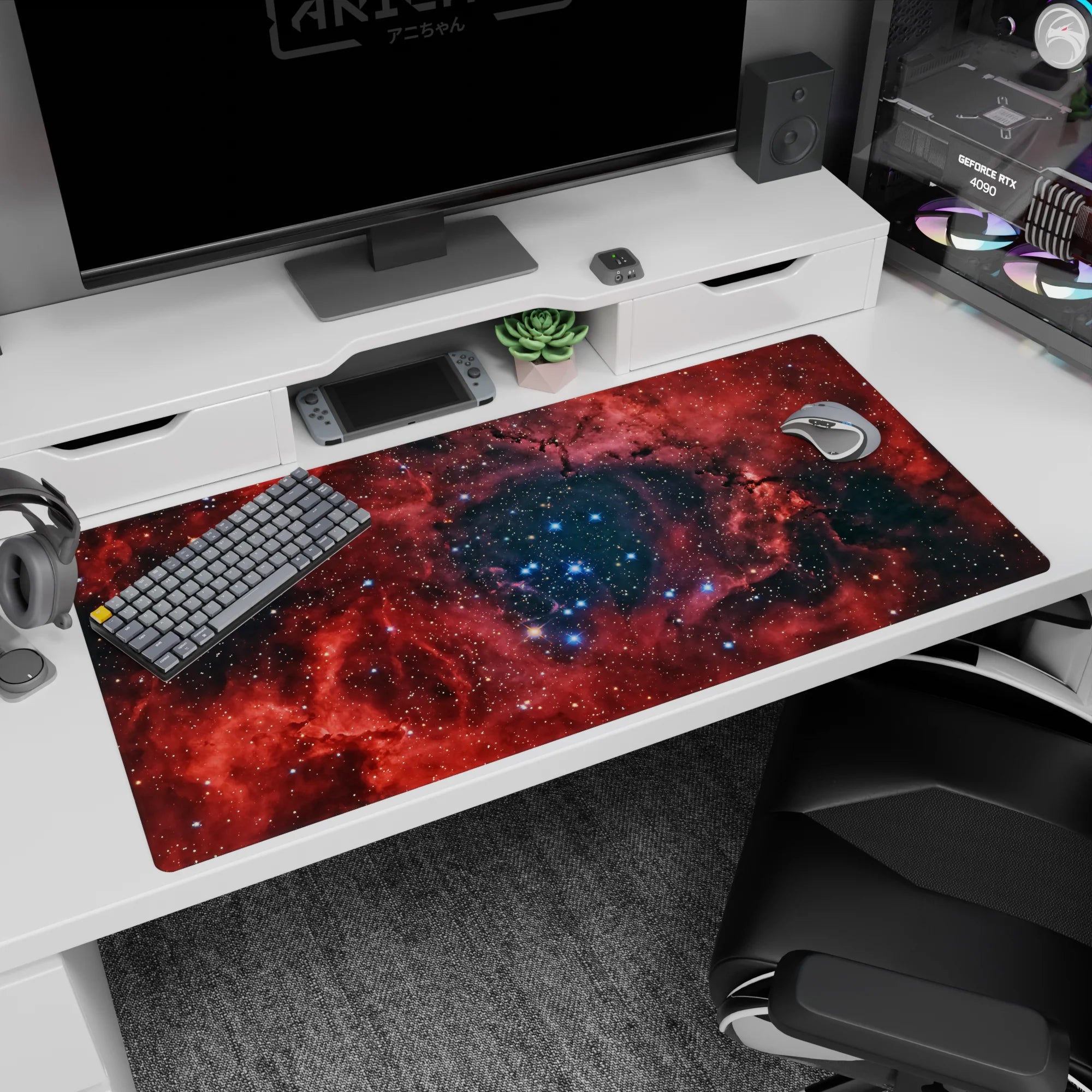 Starfield scene desk pad 40x20 inches featuring a cool blue center glow and crisp white stars.