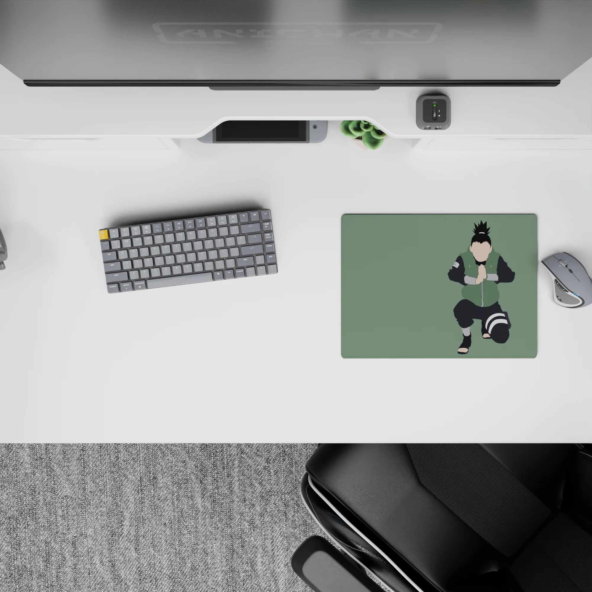 Sage green 14x10 inches anime mouse pad with calm, chill vibe and clean black linework on a soft background.