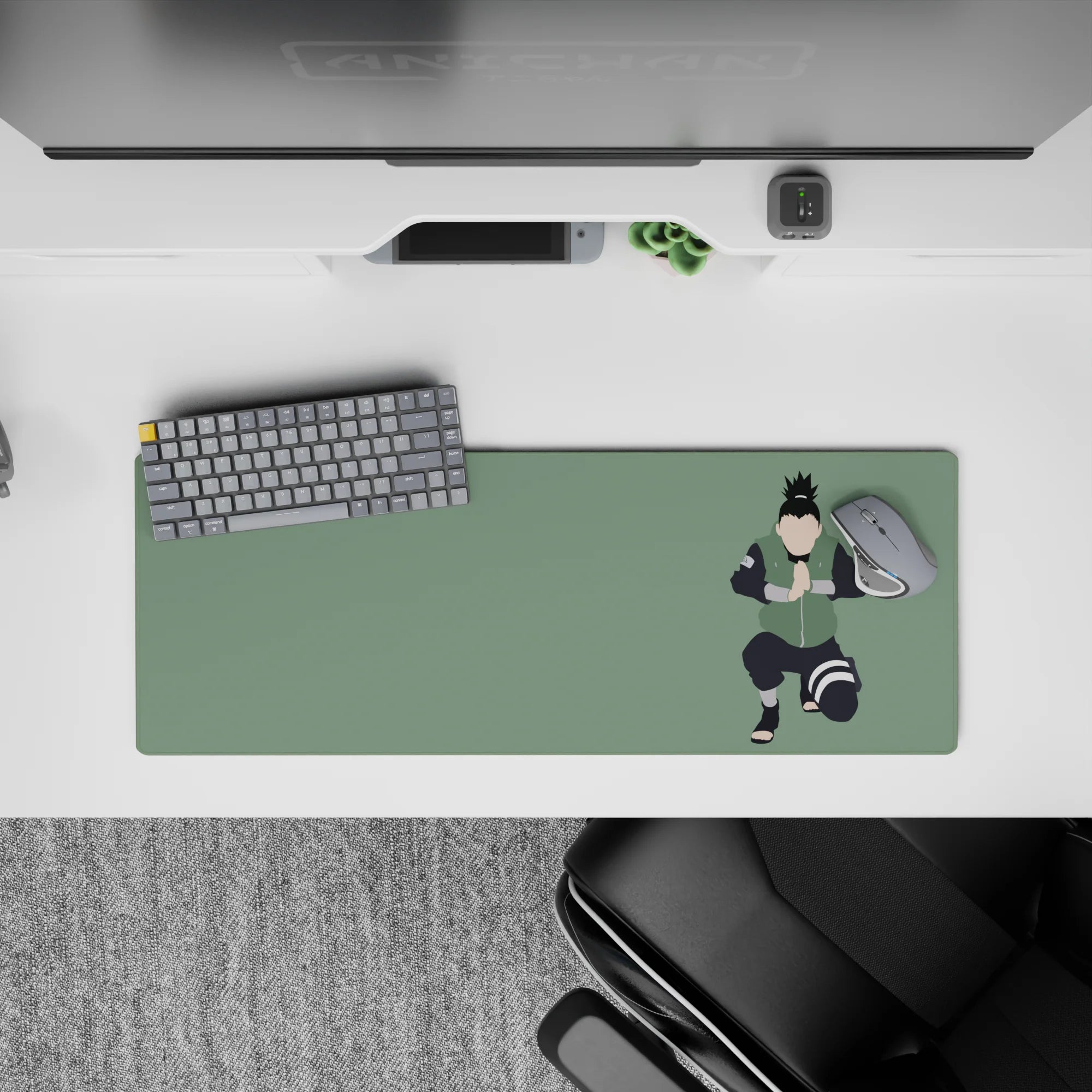 Sage green 32x12 inches anime desk mat with calm chill vibe and crisp black shapes for smooth tracking.
