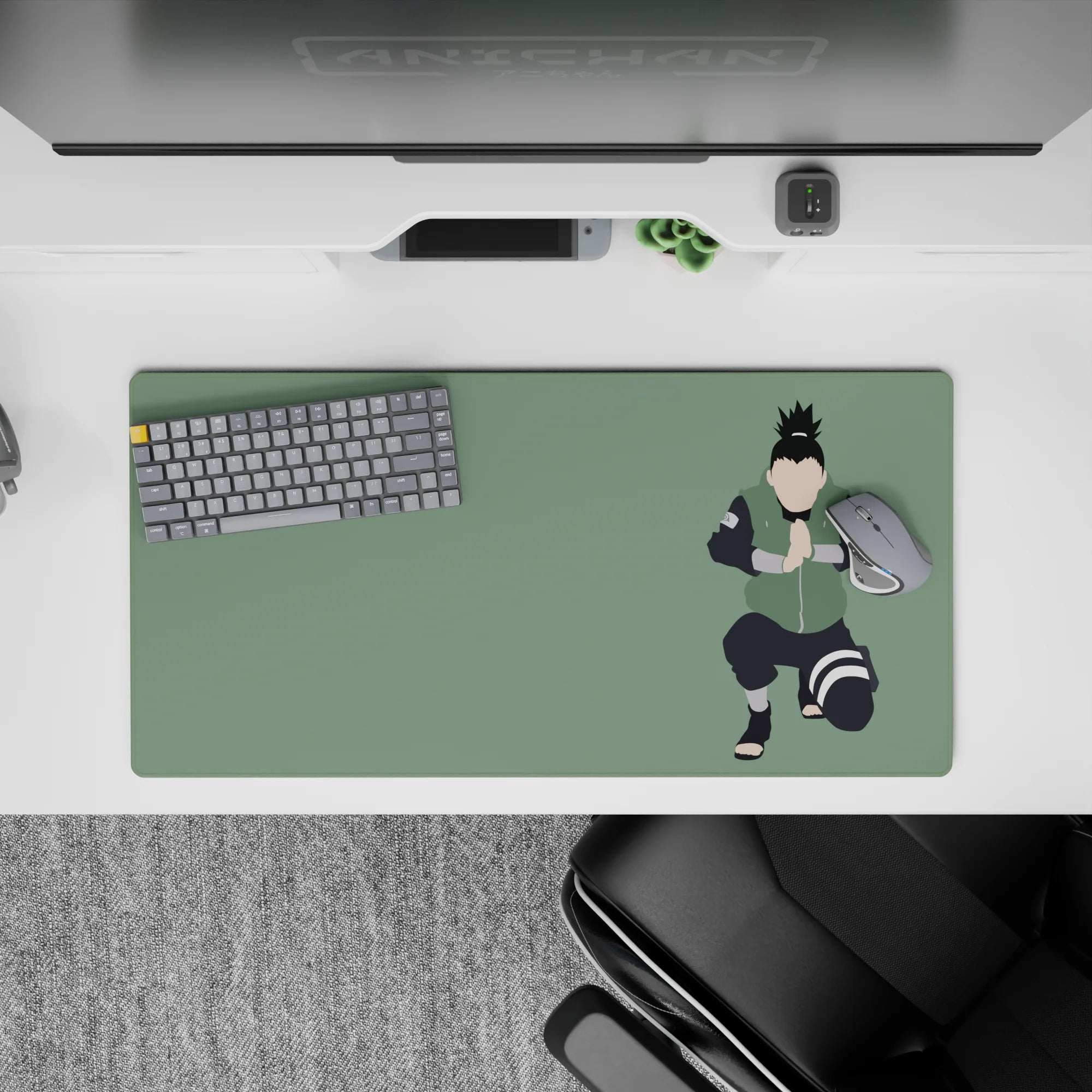 Sage green 32x16 inches anime desk mat with a calm, chill vibe and smooth gaming tracking.