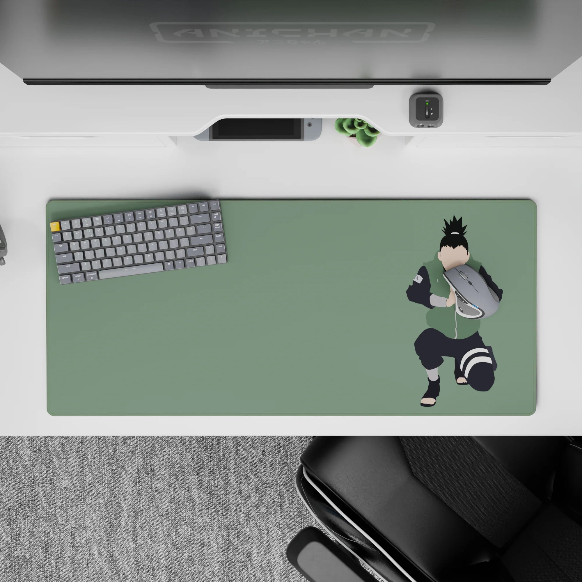 Sage green anime desk pad 36x16 inches with a calm, chill vibe and smooth tracking for study nights.